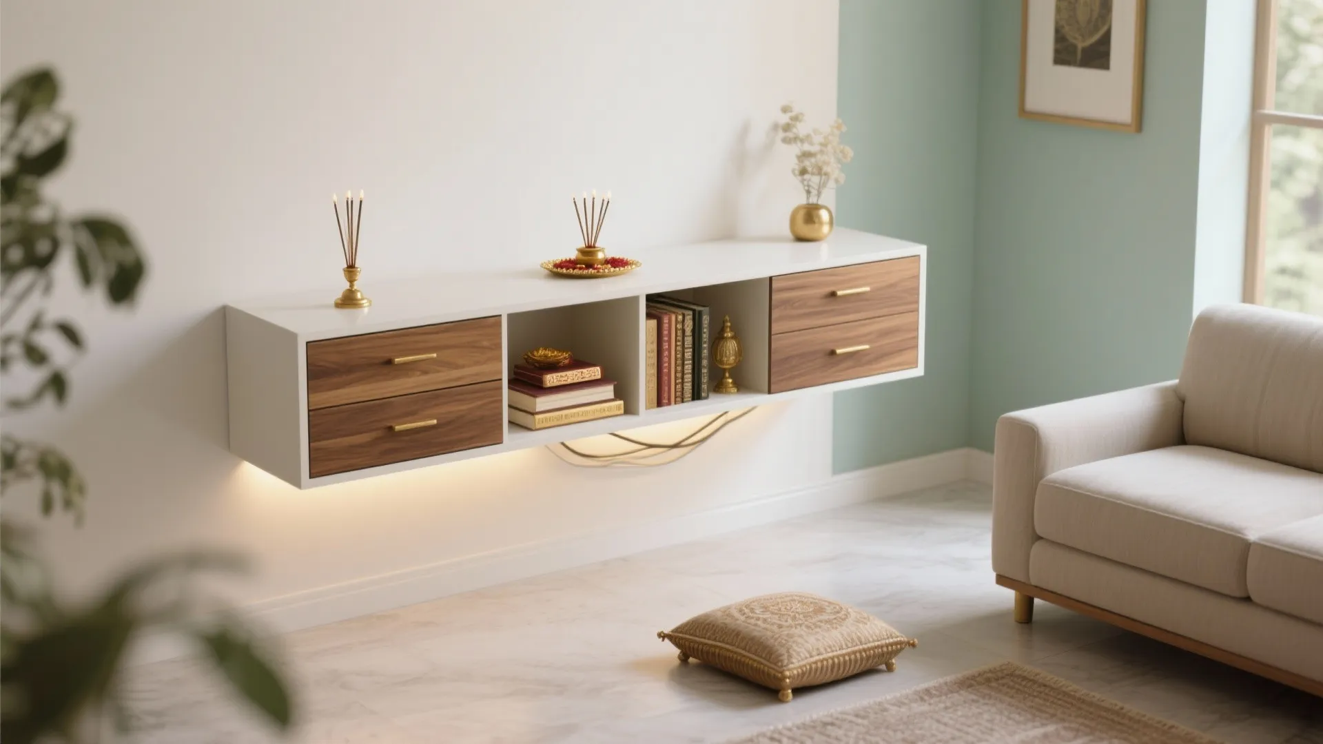 White and wood floating cabinet with books and incense next to a modern grey sofa