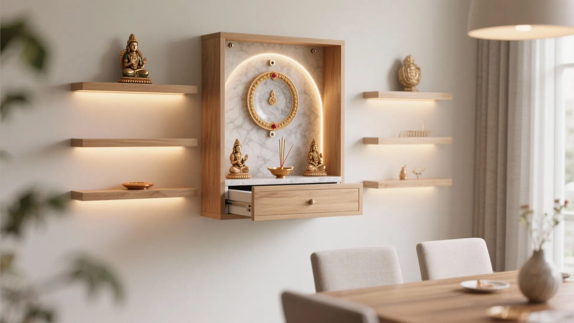 Minimal wall-mounted mandir with concealed storage