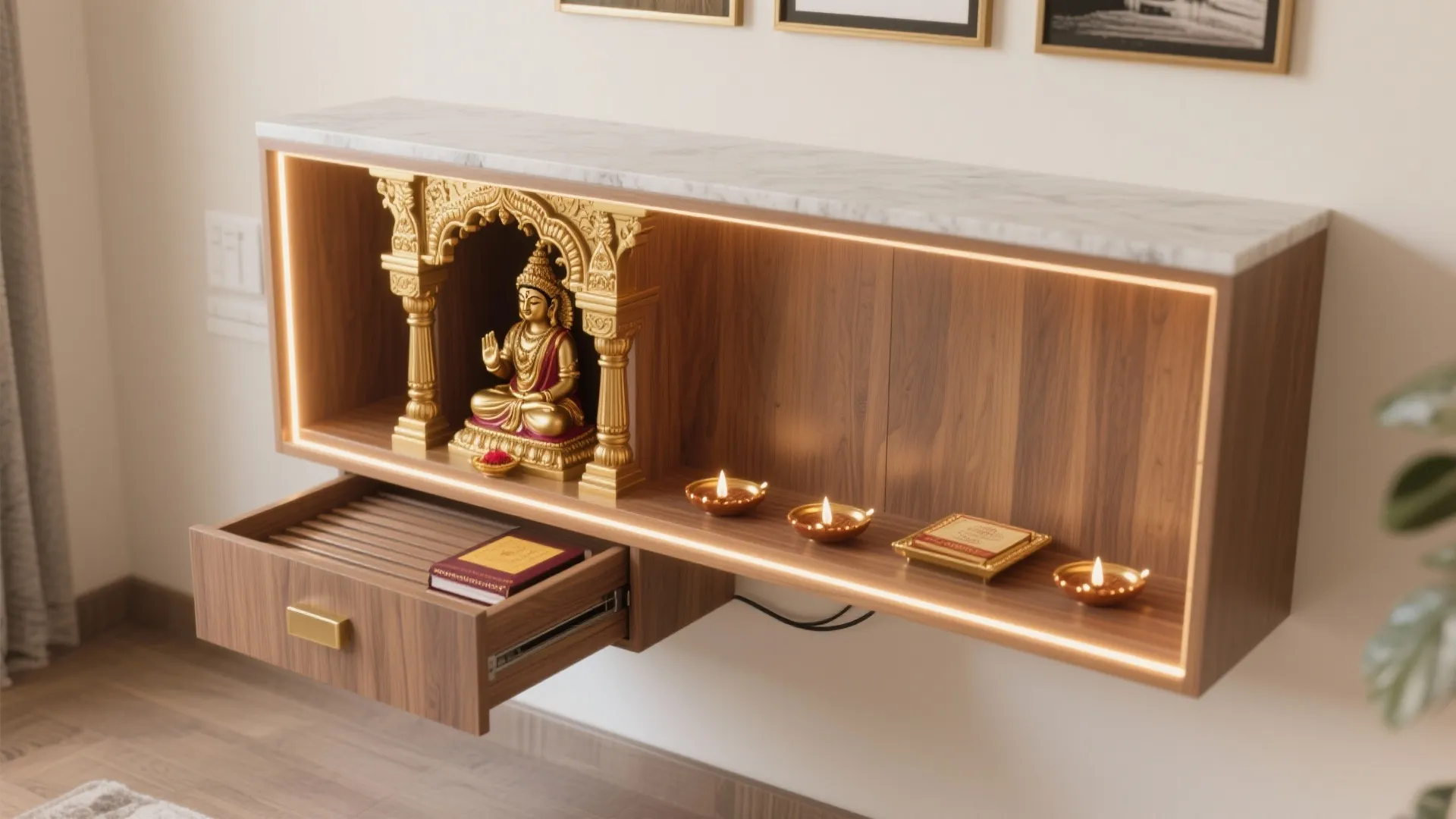 Floating Wall Mandir With Hidden Storage