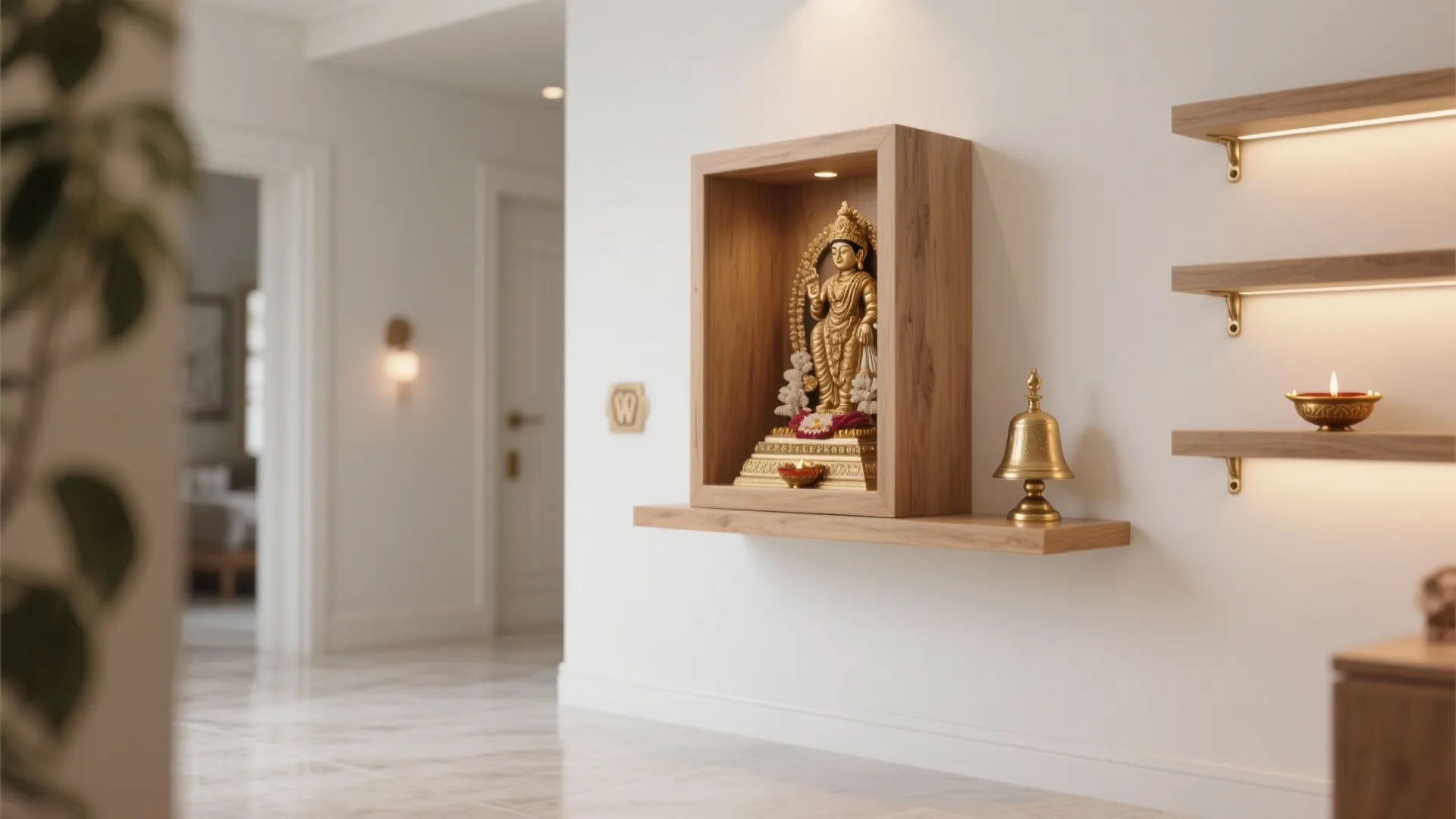 Compact floating mandir with brass accents