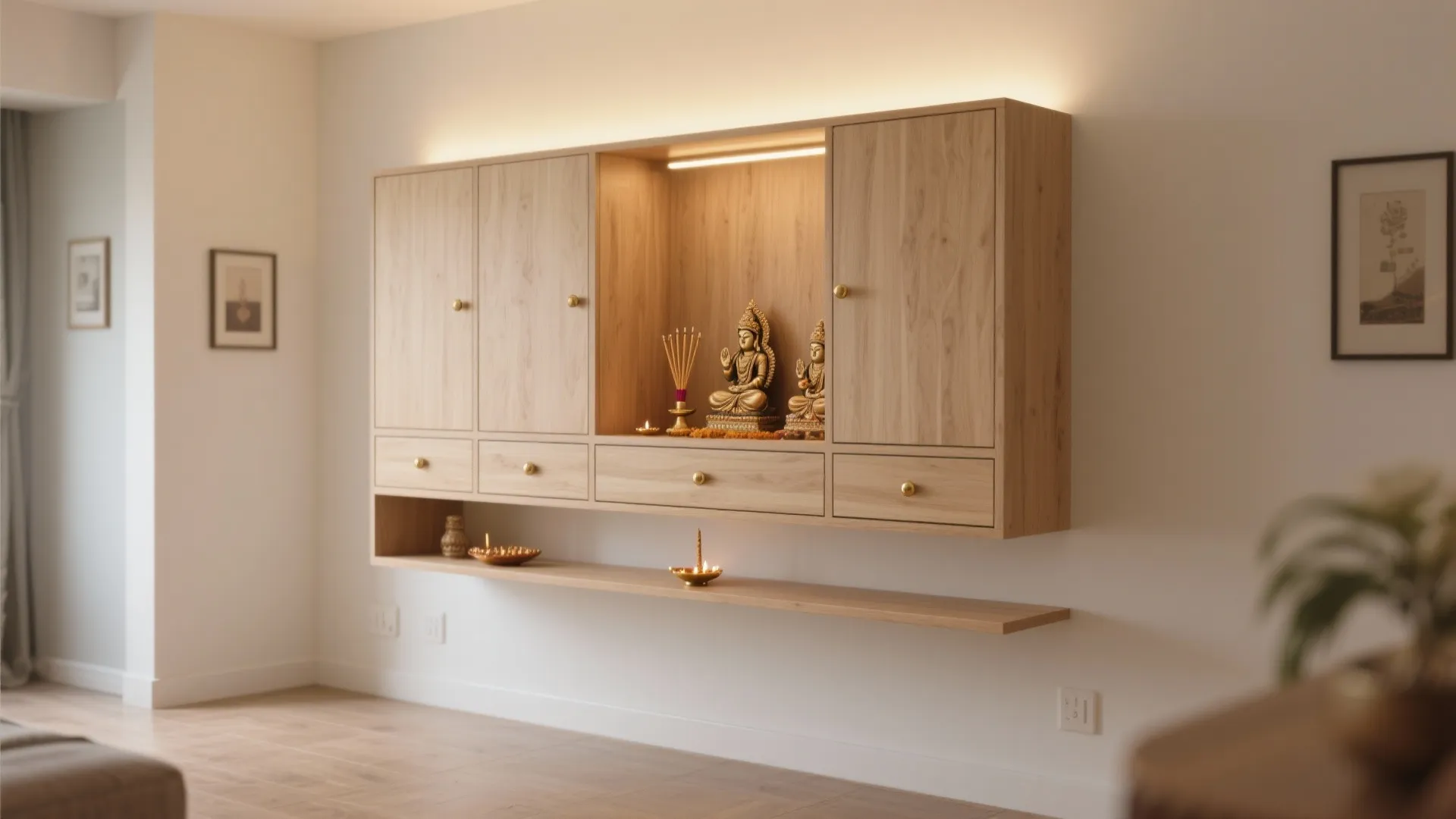 Modern wall mounted wooden cabinet with light fixture displaying religious statues and small gold handles