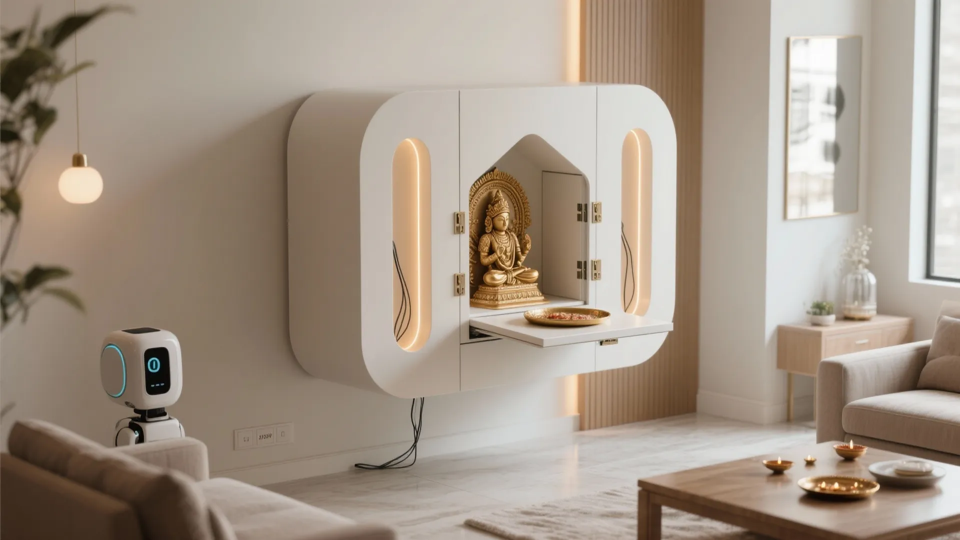 Modern white wall cabinet with golden statue inside next to a small white home robot