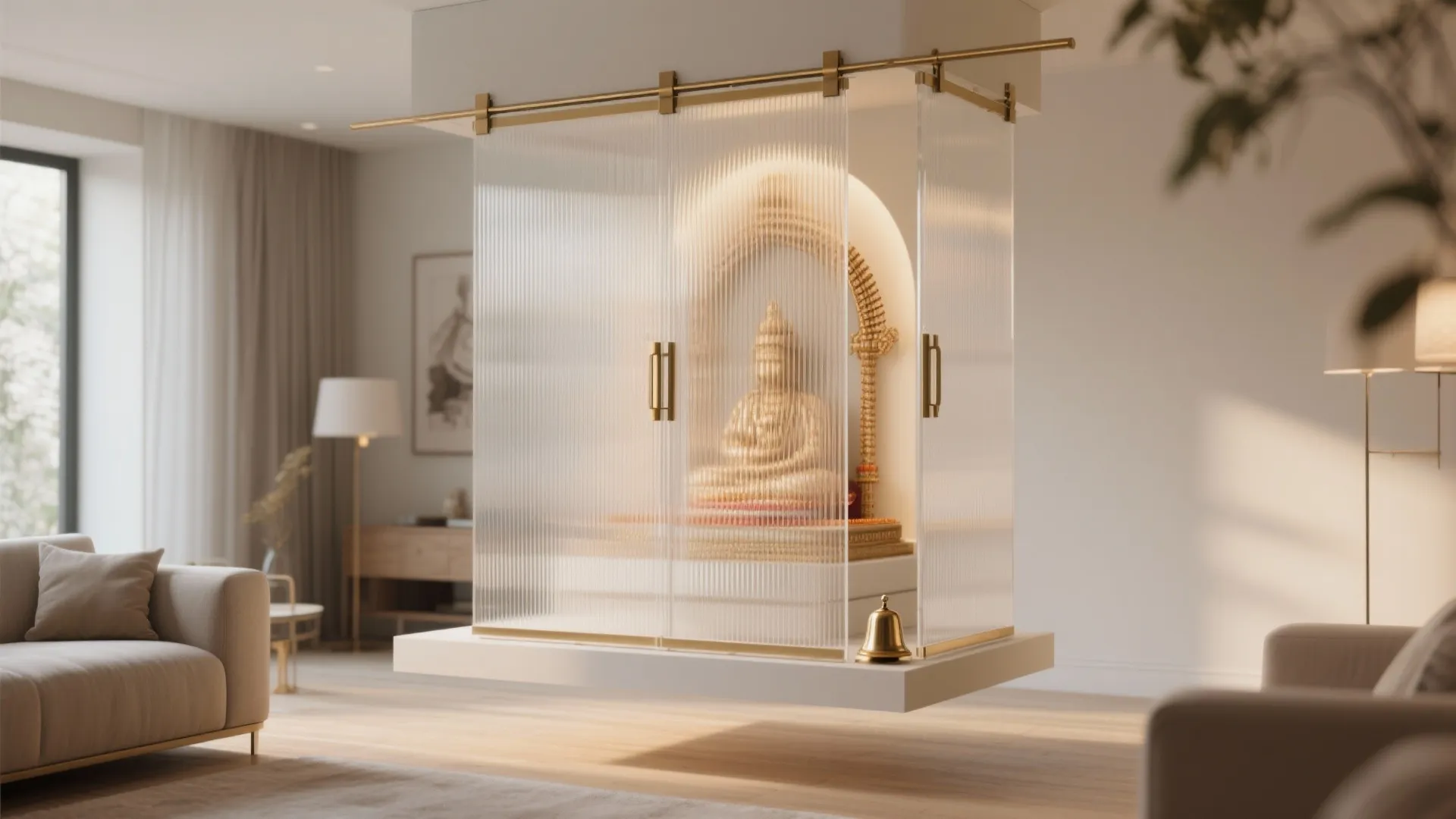 Floating pooja unit with translucent sliding screen and brass handles in a small living room.