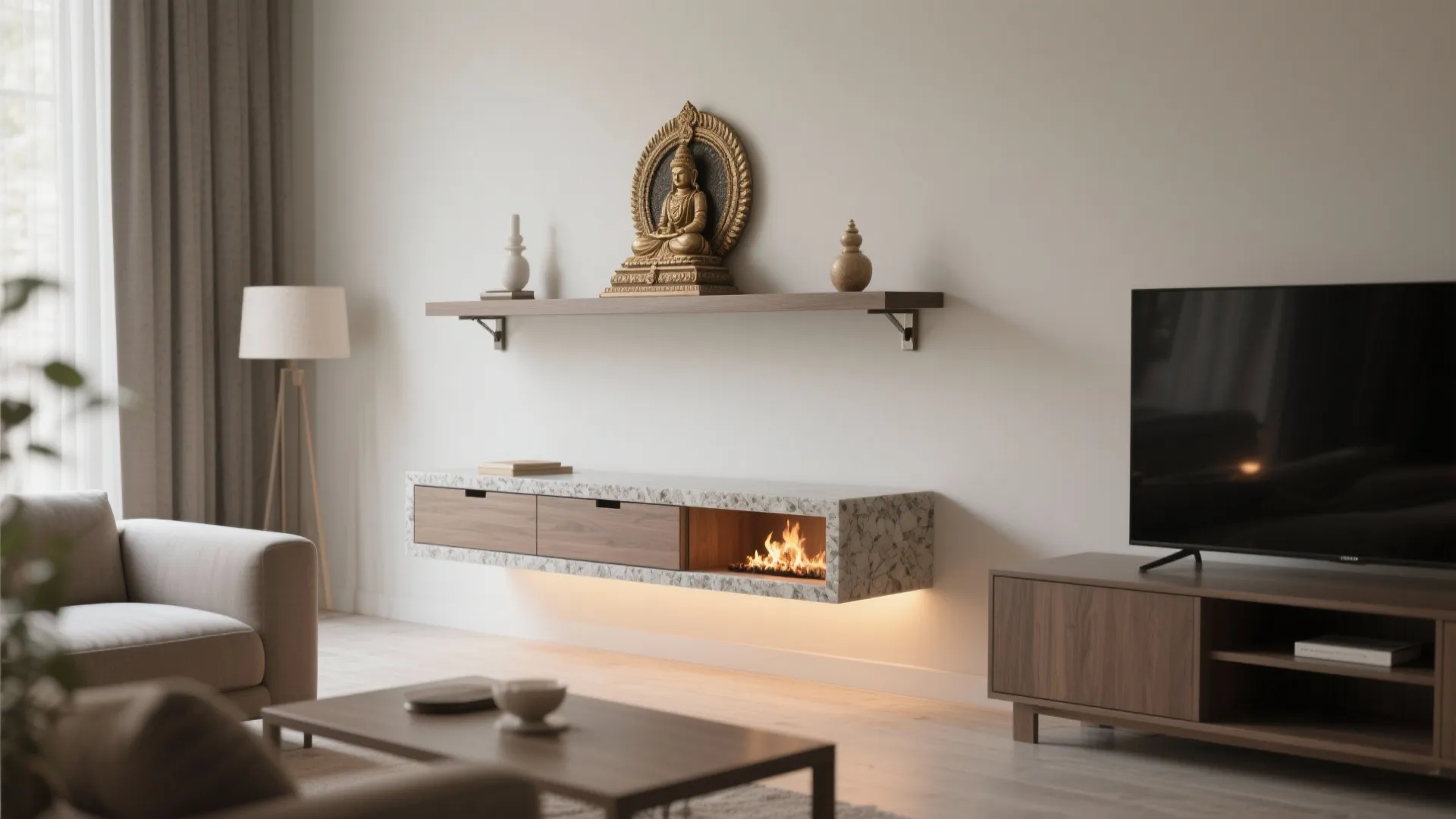 Wall-Mounted Mandir Shelf in the Living Room