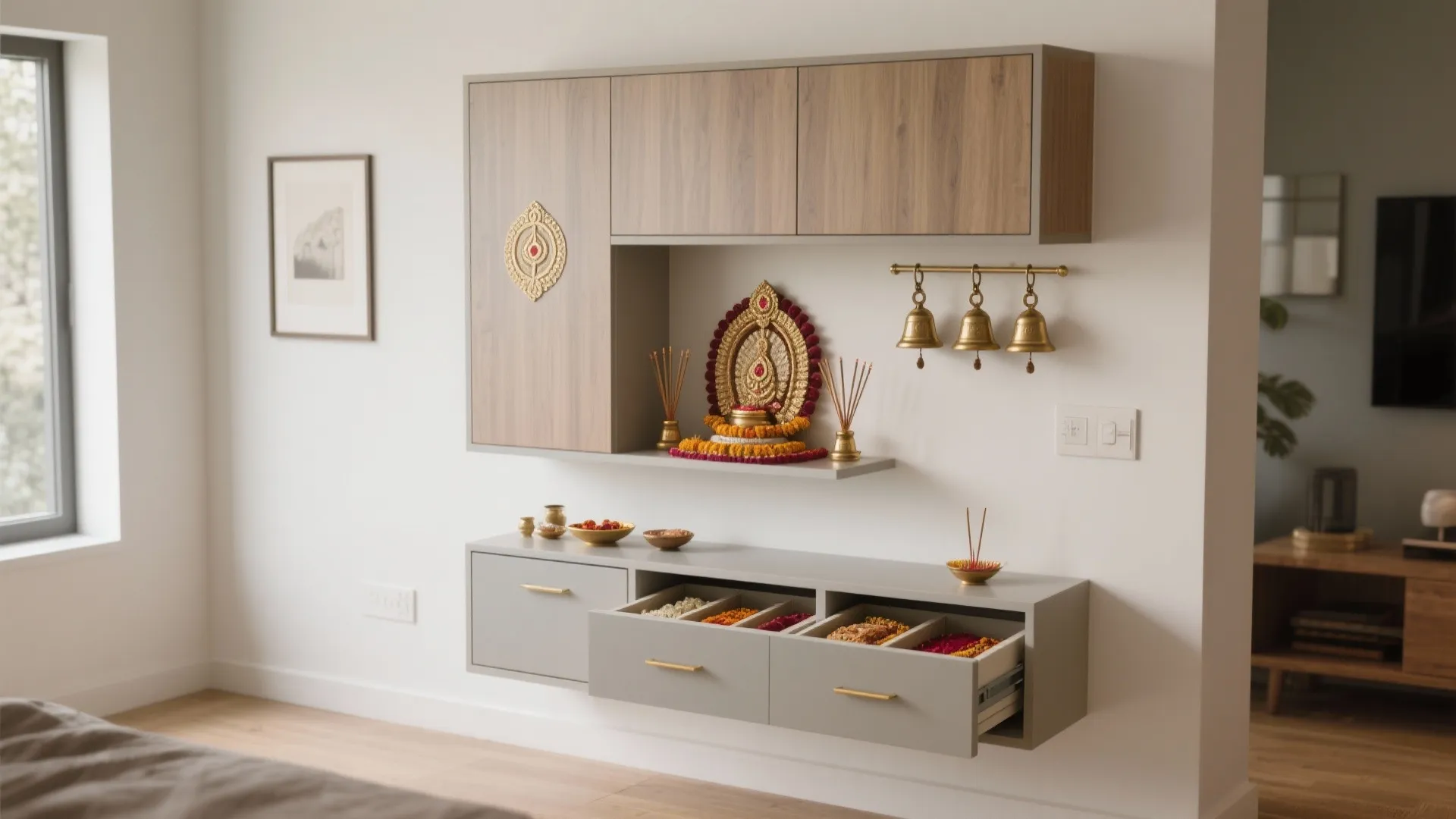 Modern wall cabinet design with wood finish grey drawers and small gold hanging bells for prayer