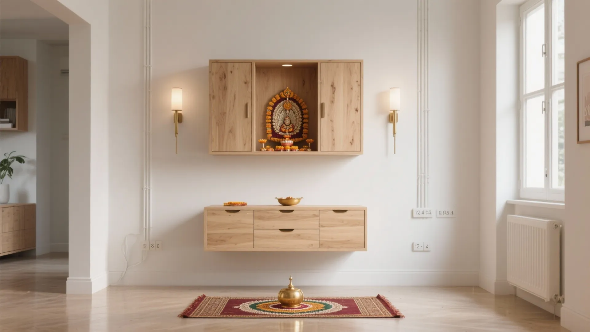 Floating wall-mounted pooja mandir with hidden drawers and slim sconces in a small studio.
