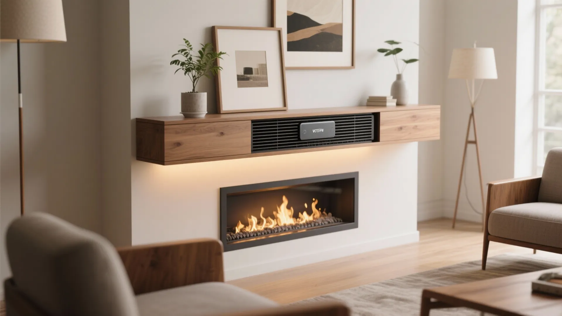 Floating mantel with compact heater