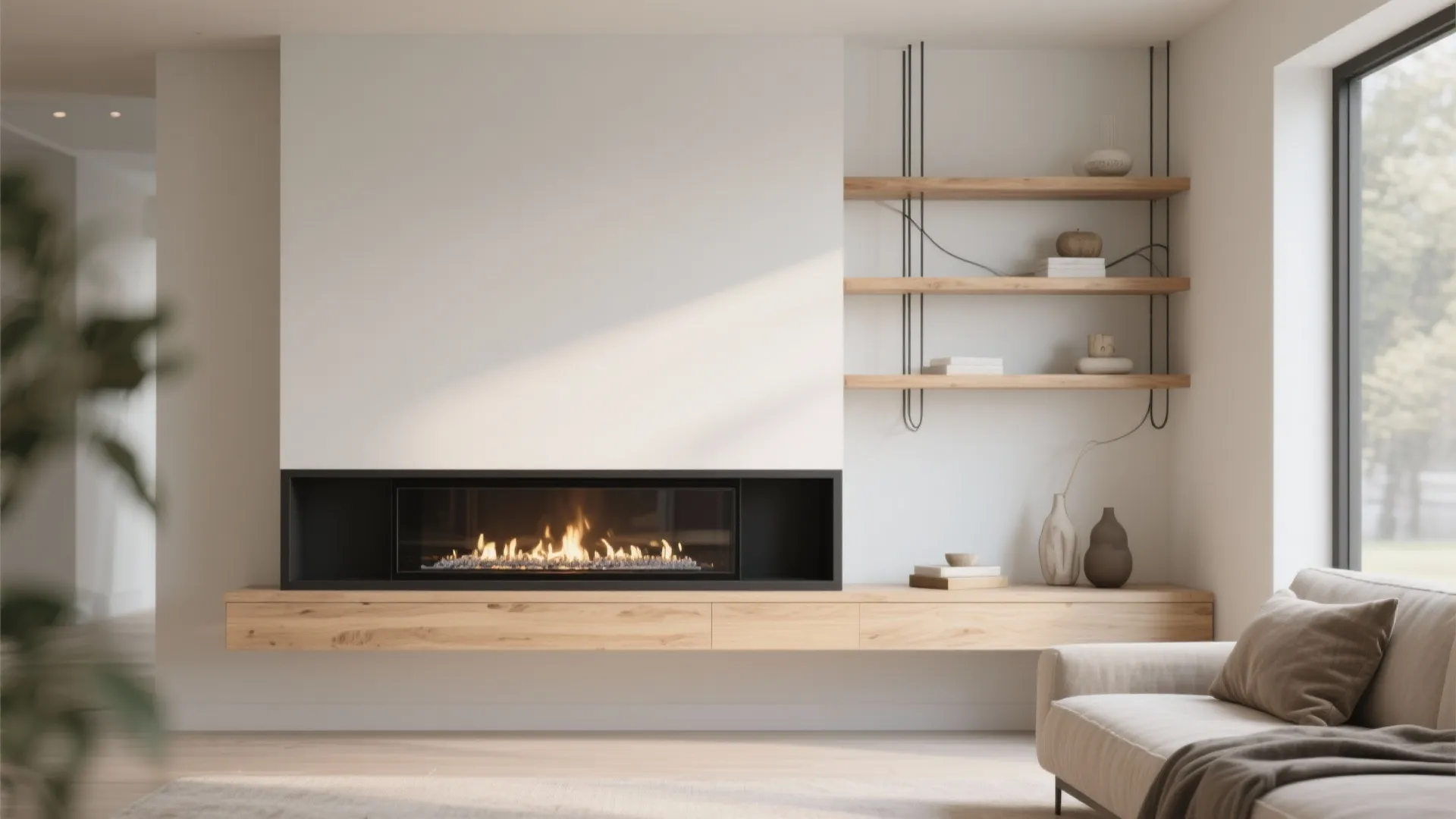 Floating wood mantel with a low-profile electric insert and integrated shelving above in a minimalist interior.
