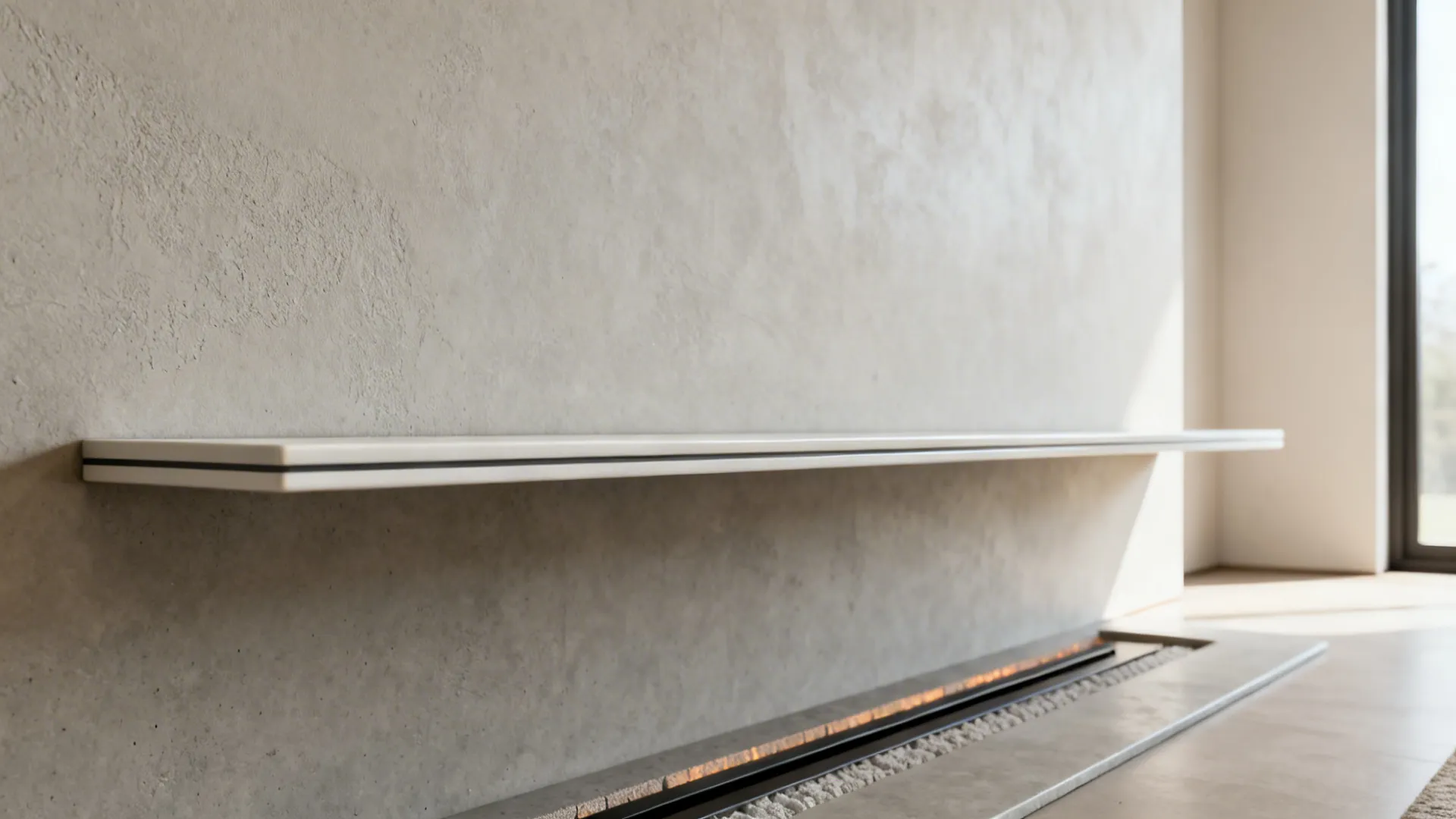 Floating mantel and slim hearth with modern materials and clean sightlines to a nearby window