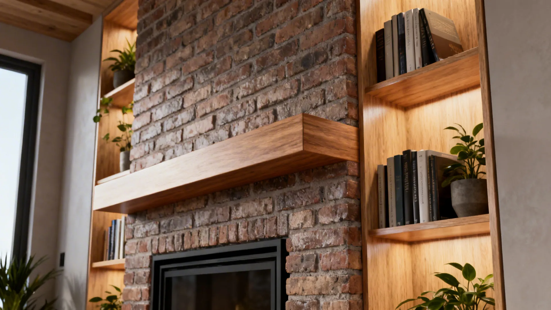 Slim floating wooden mantel on textured brick with narrow plywood built-in shelves and plants.