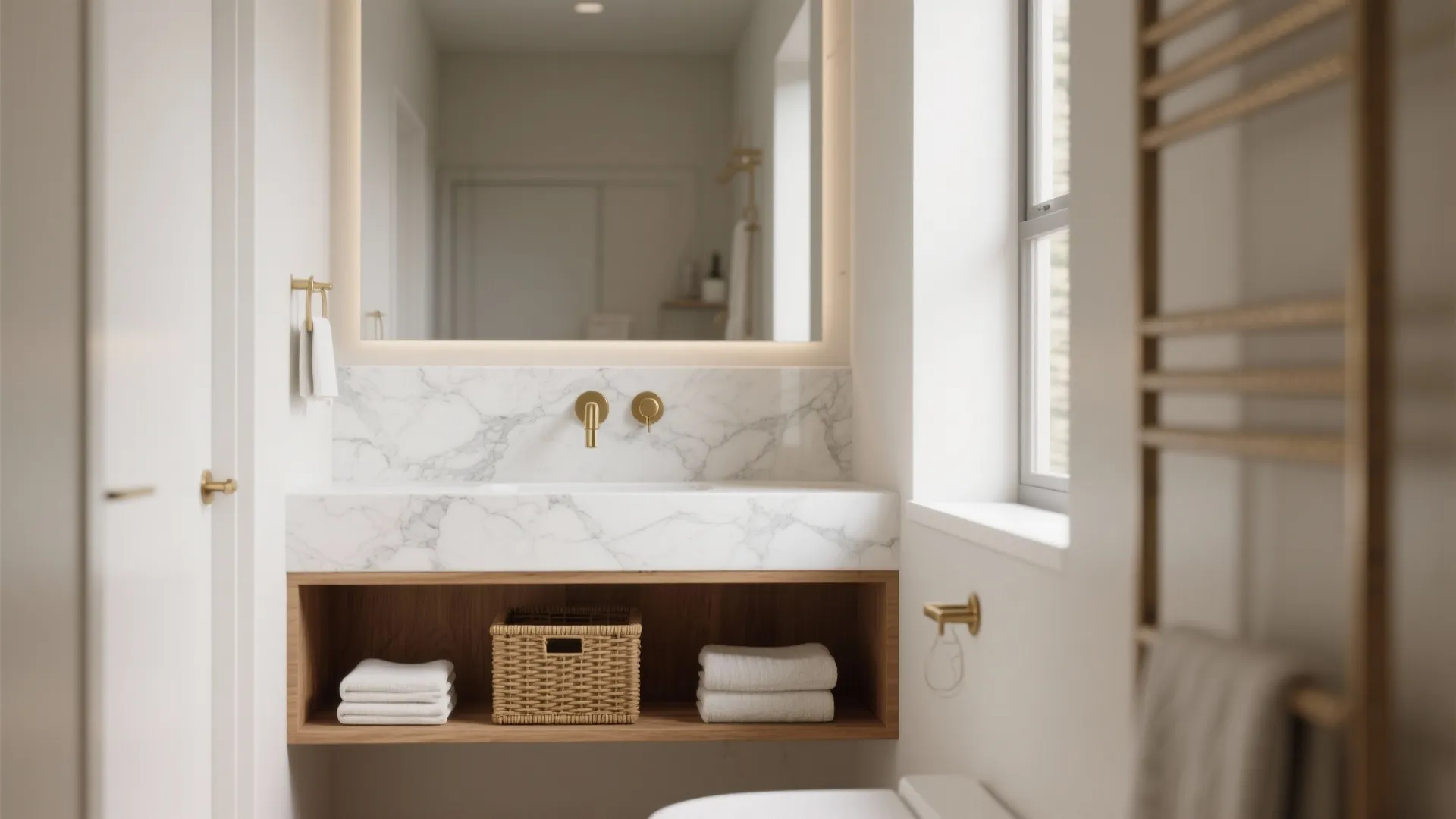 1. Floating white marble vanity with open shelf