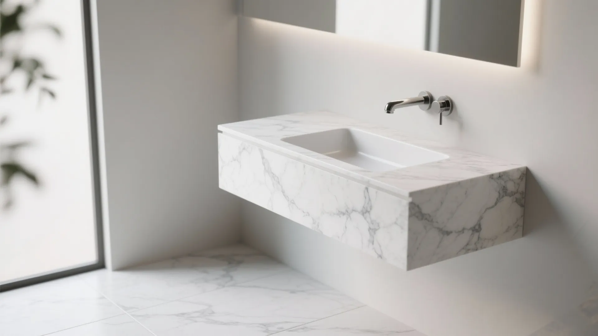 Minimalist white marble wall mounted sink with silver faucet and a large lit mirror above