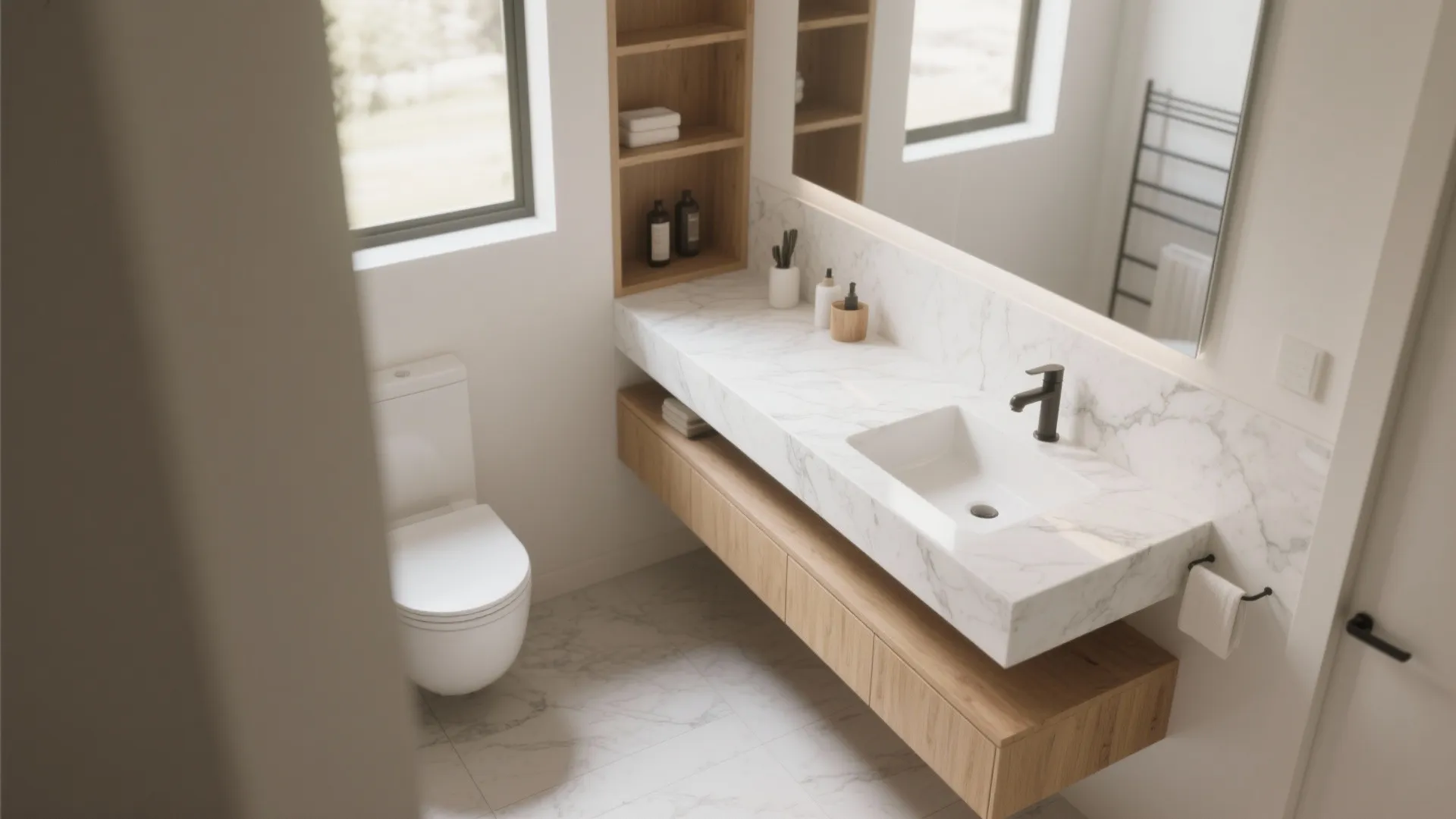Floating vanity with marble countertop in small bathroom