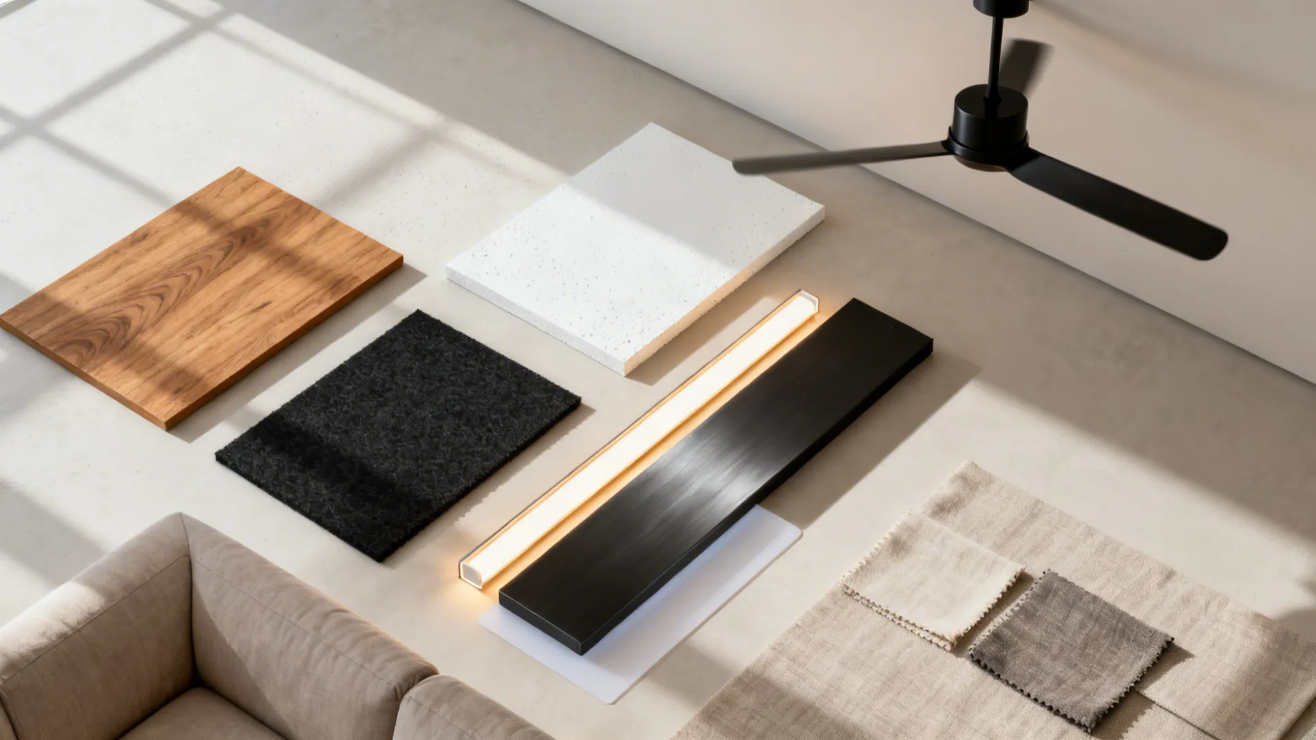 Flat lay of oak veneer, gypsum, black metal, felt, and warm LED components for a floating panel.
