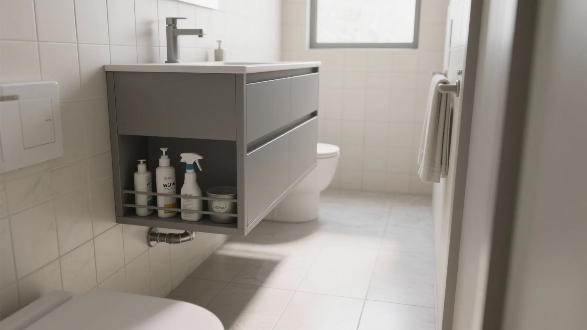 Narrow bathroom with a wall-mounted gray vanity that exposes floor area
