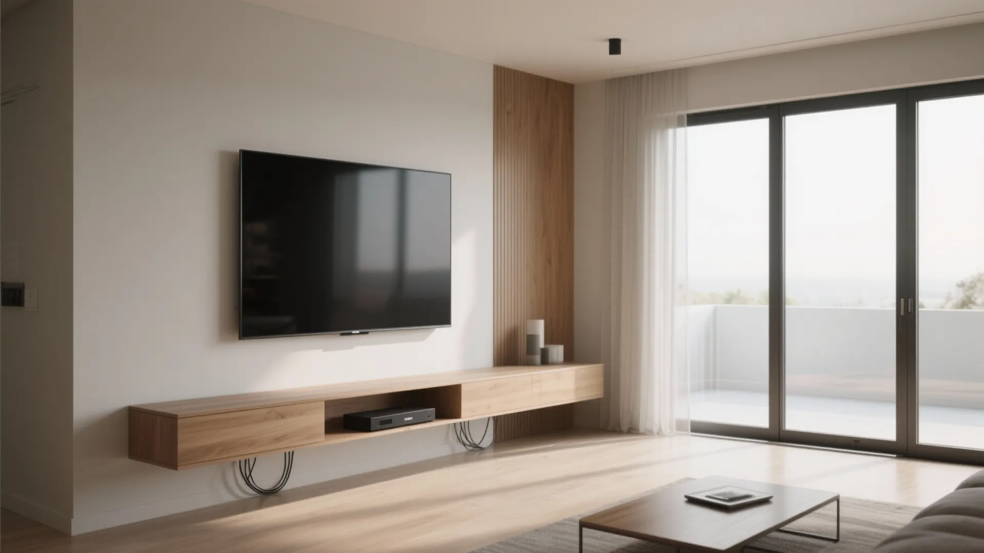 Modern living room featuring a wall mounted television above a wooden cabinet with glass doors