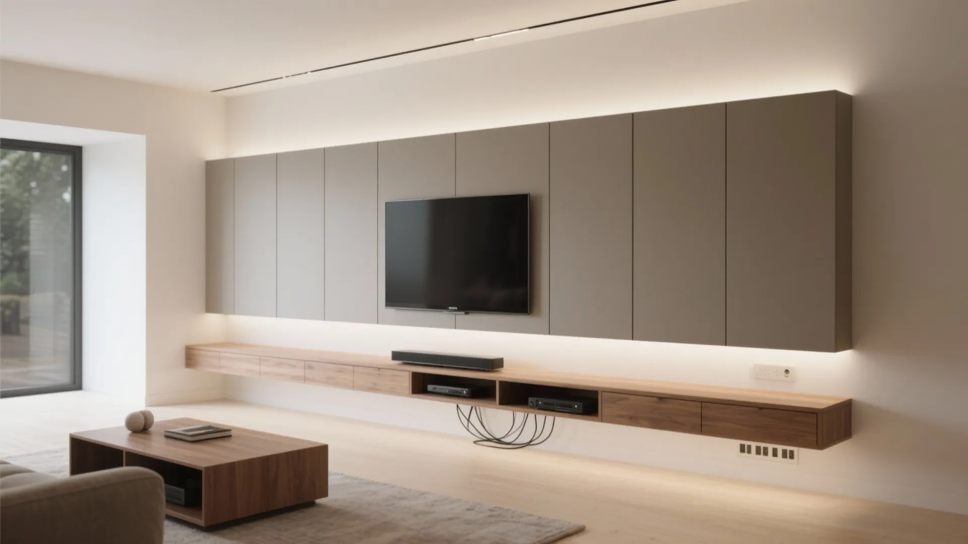 Floating Media Walls with Integrated Cupboards