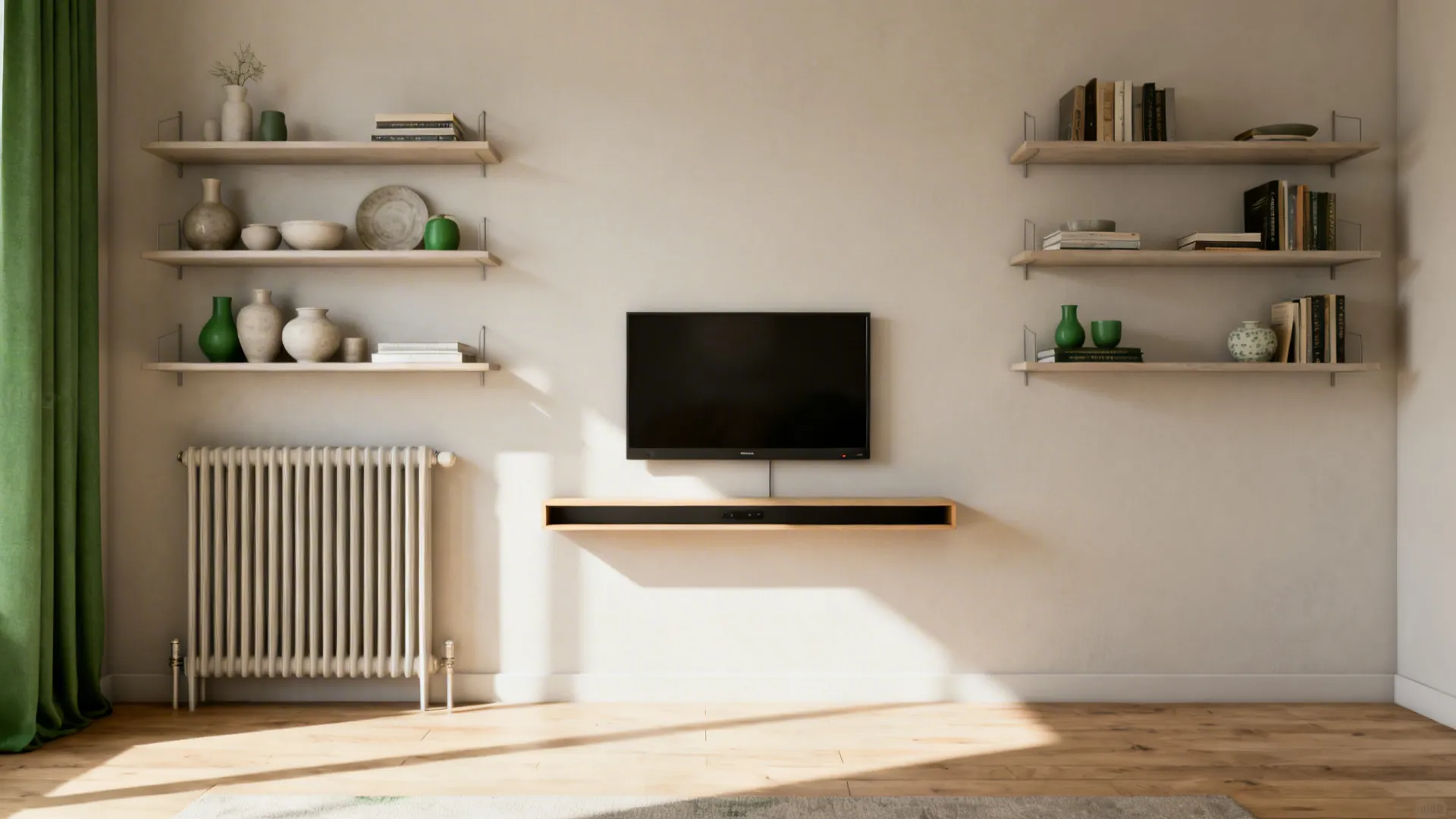 2. Floating shelves and wall-mounted media units