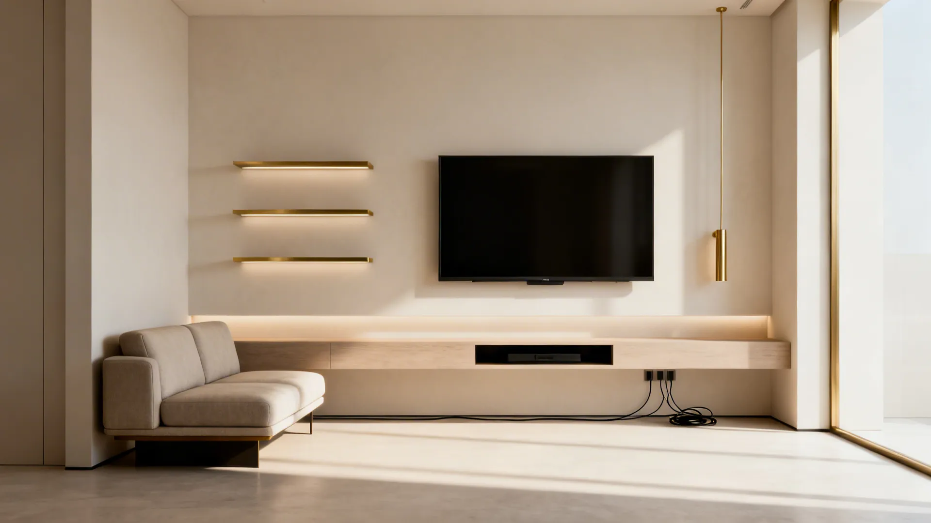 Floating media wall with mounted TV and compact loveseat beneath in a small living room
