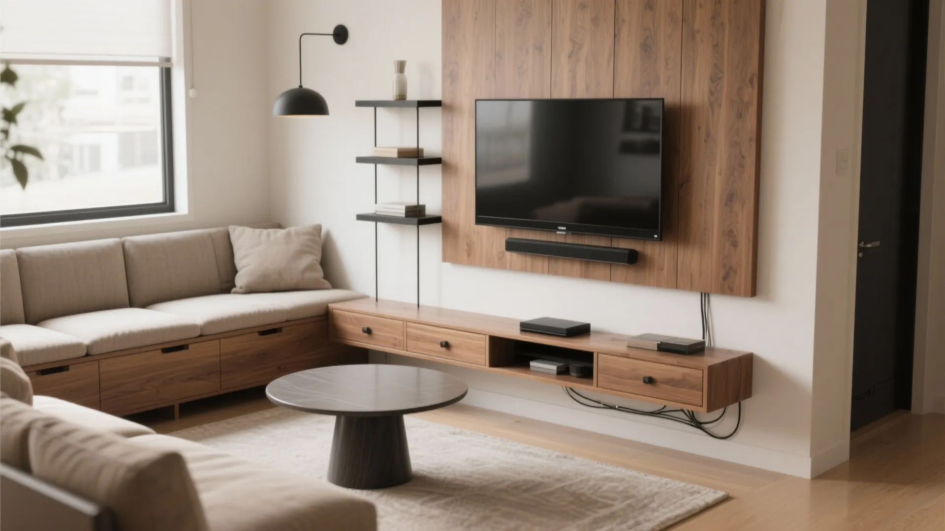 Floating media wall with banquette dining