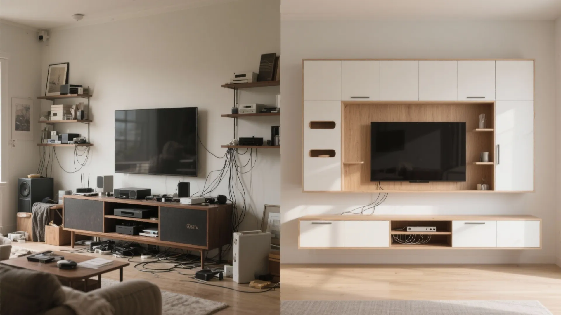 3) Built-in storage wall with a floating media unit