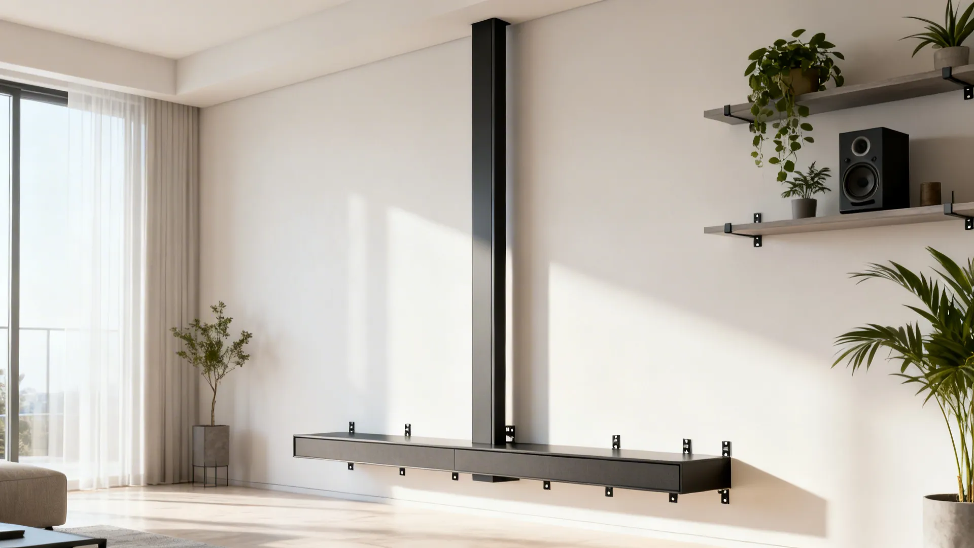 Floating tall media column mounted to the wall with open floor beneath