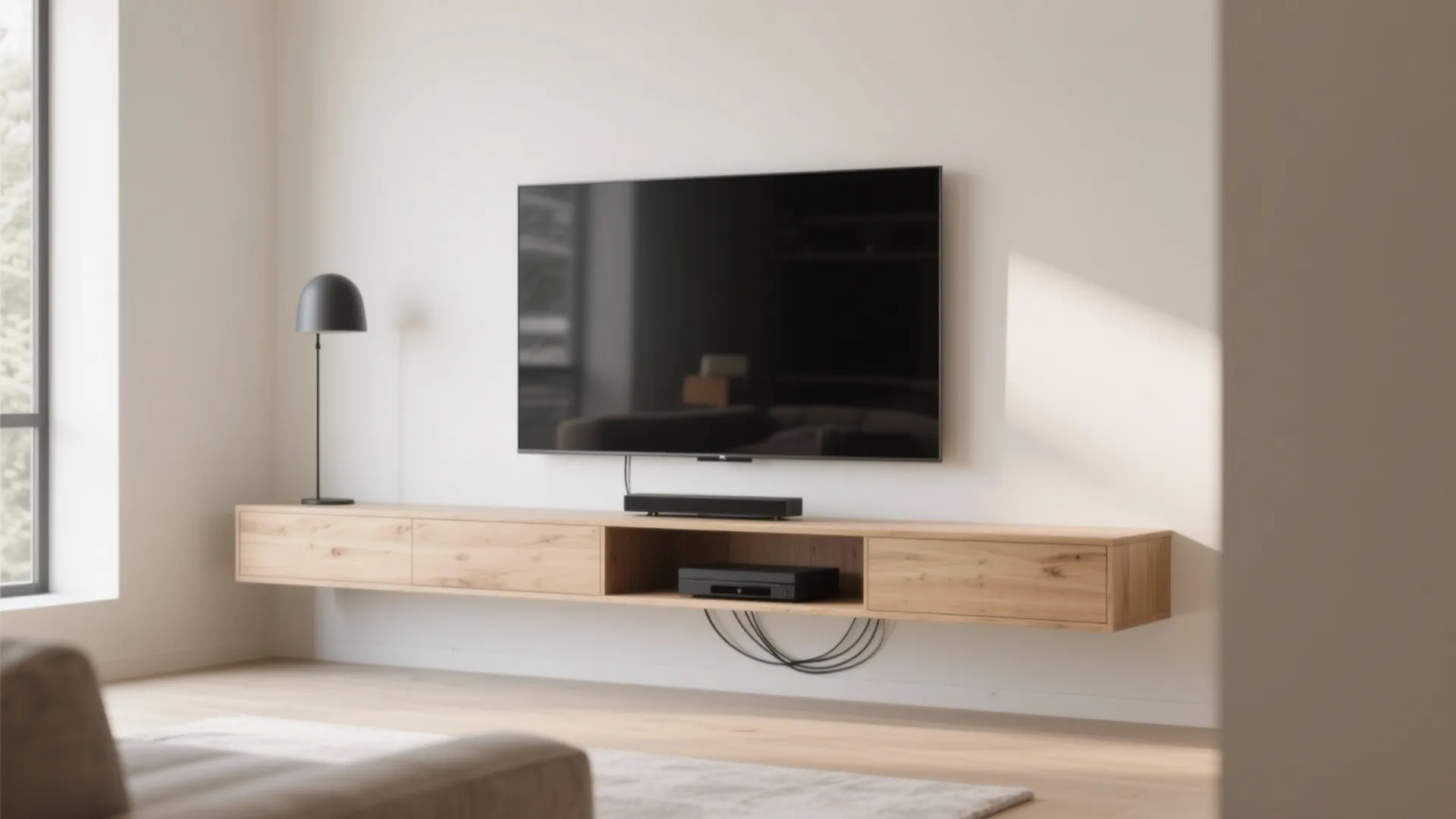 Floating wall-mounted media console beneath TV