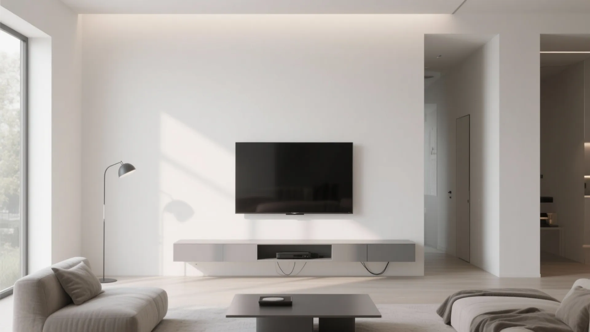Floating media console under a wall-mounted TV in a modern living room