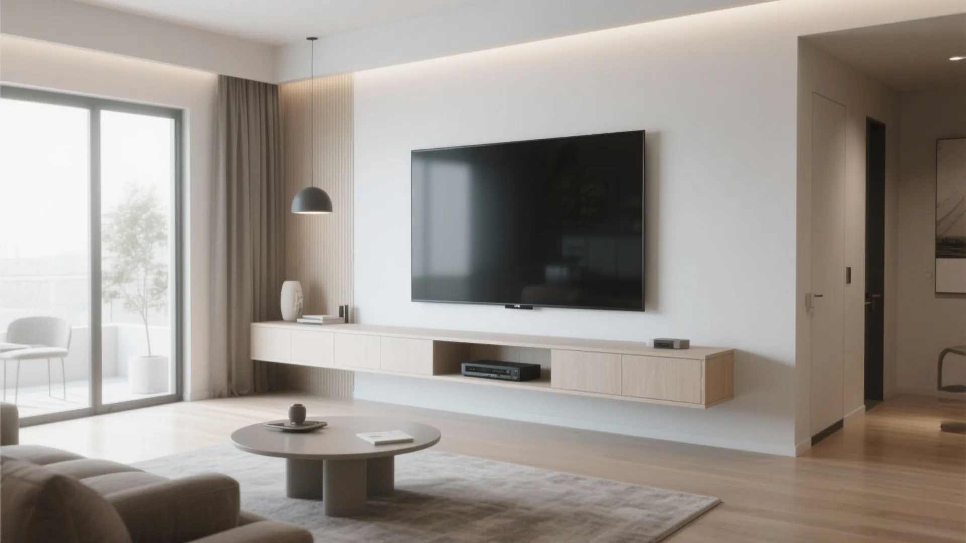 Modern living room featuring a wall mounted wooden cabinet with television and grey round table