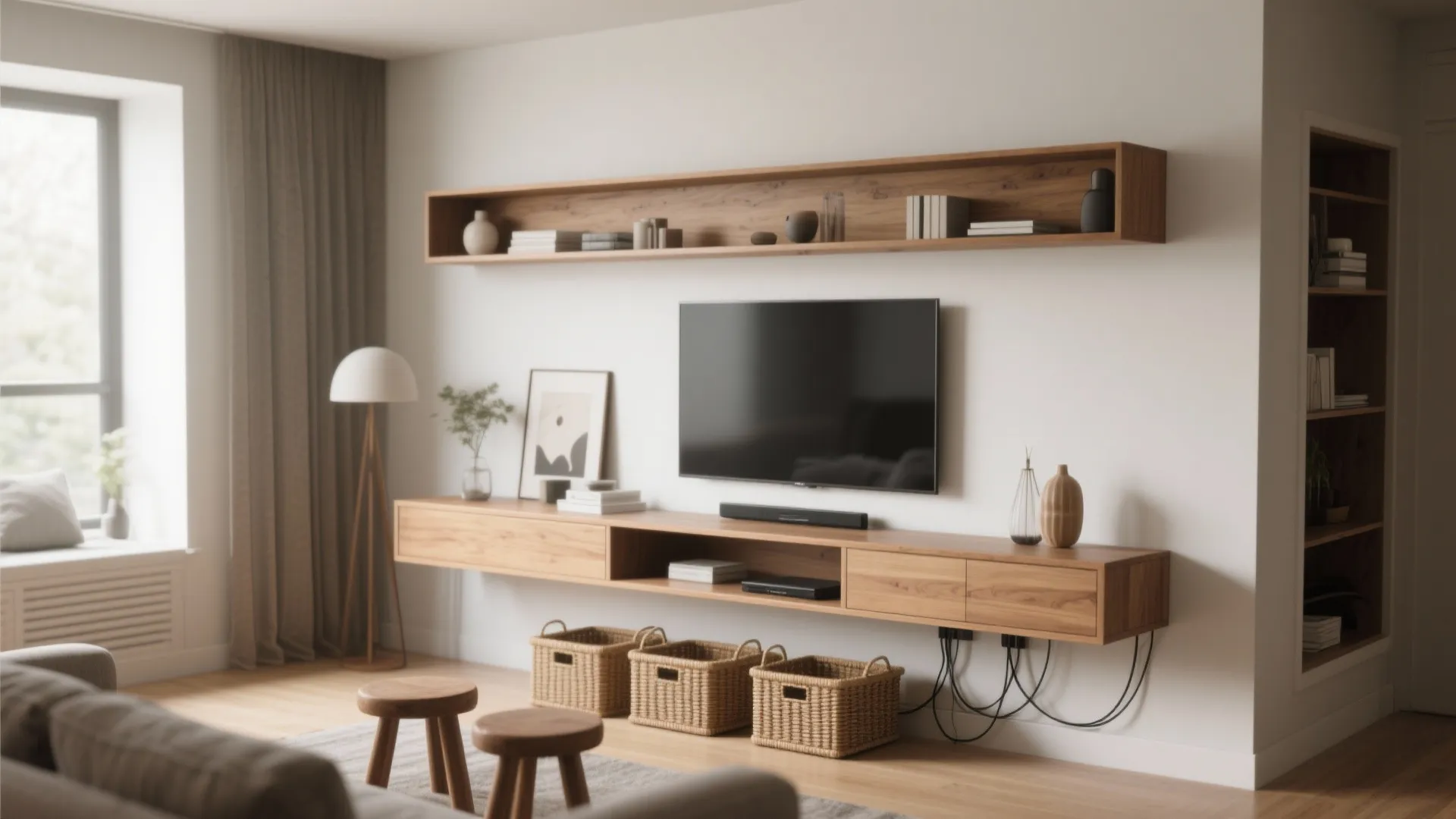 Floating media console to free up floor area