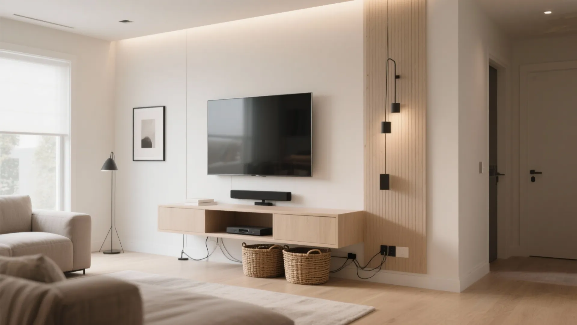 Modern living room featuring a wooden floating cabinet with television wall panel and warm lighting