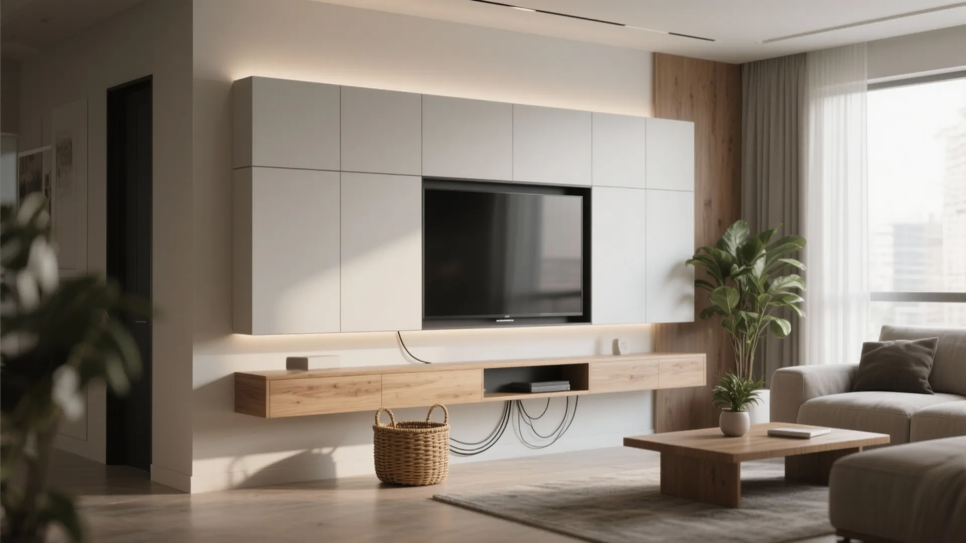 Modern living room with white wall cabinets, floating wooden cabinet, large television, and indoor plant