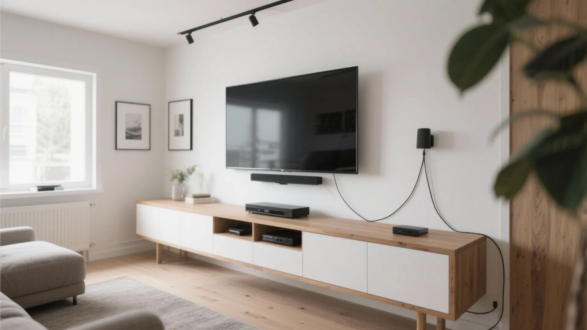 Large television mounted on white wall above long wooden and white cabinet with grey rug