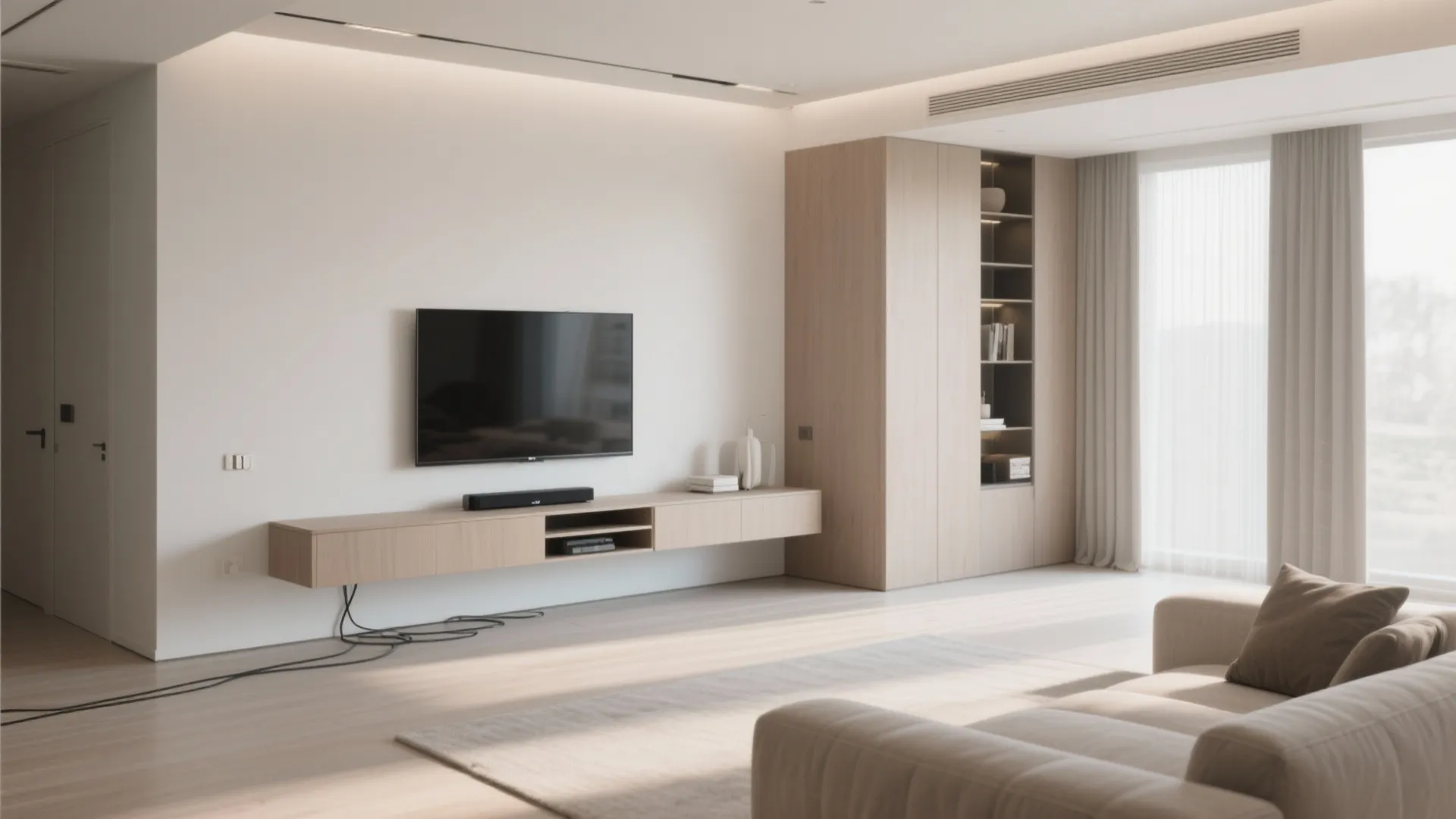 Minimalist living room wall with television, floating wooden cabinet, tall storage unit and soft white curtains