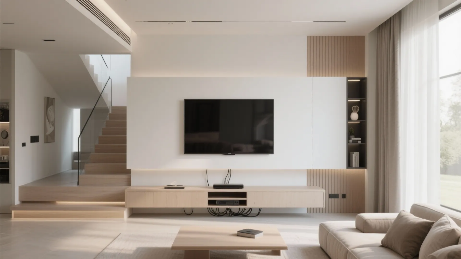 Modern minimalist living room featuring white wall mounted tv cabinet wooden stairs and cream sofa