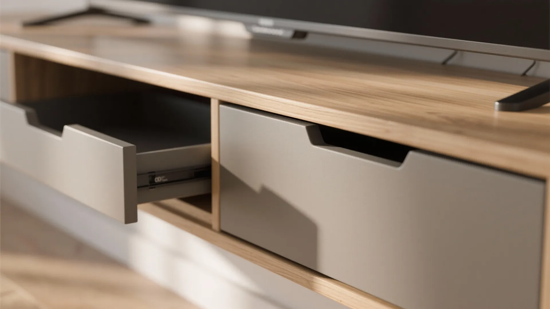 1. Floating media console with hidden storage