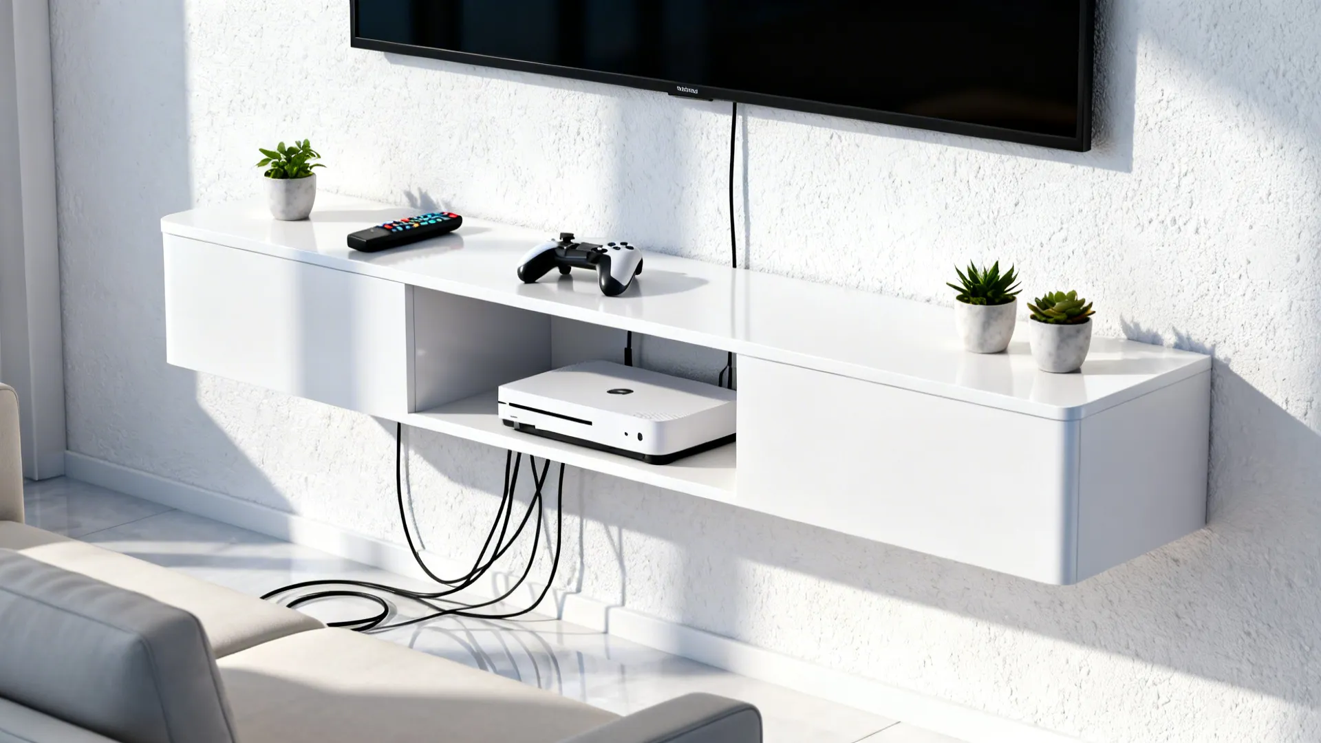 Floating white media console with integrated shelving and concealed cables in a small living room.