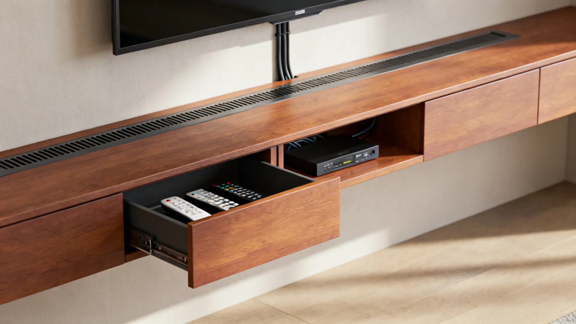 Slim floating media credenza under wall-mounted TV with hidden storage