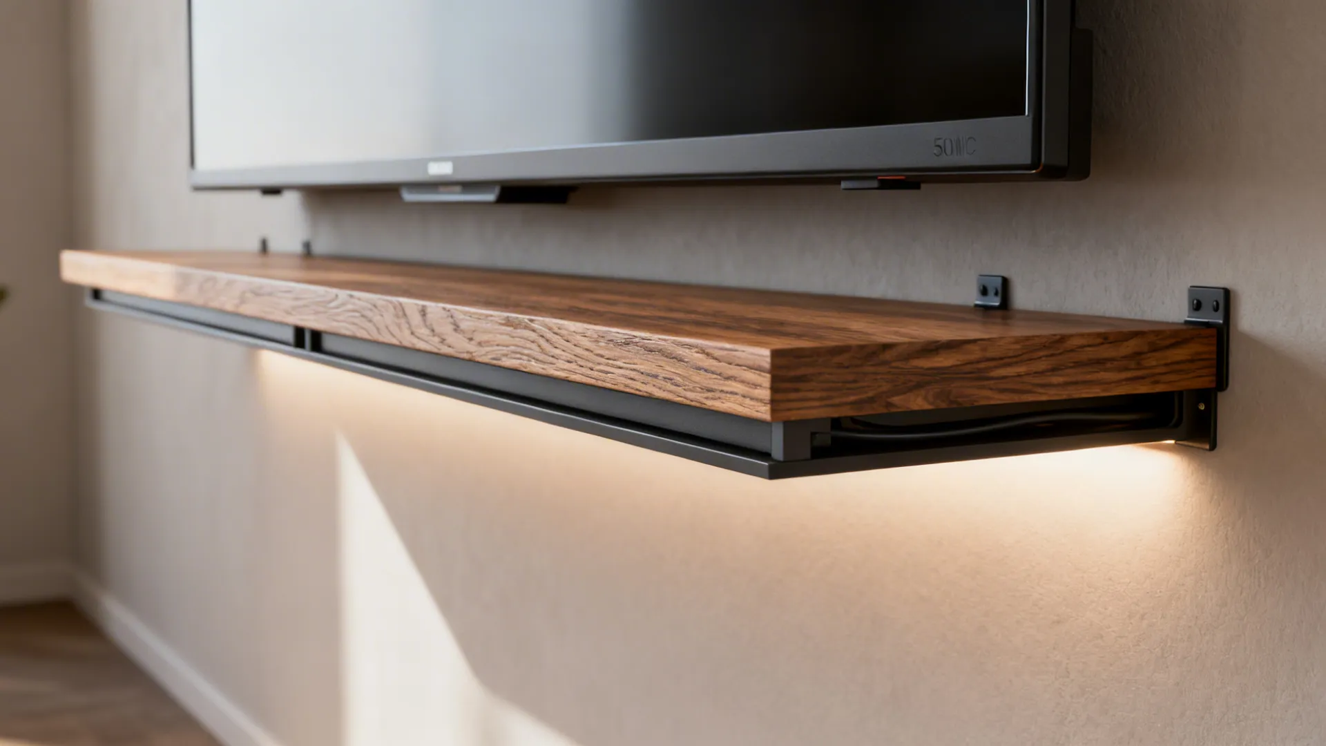 Close-up of floating media cabinet and concealed cable channel under a 50 inch TV.