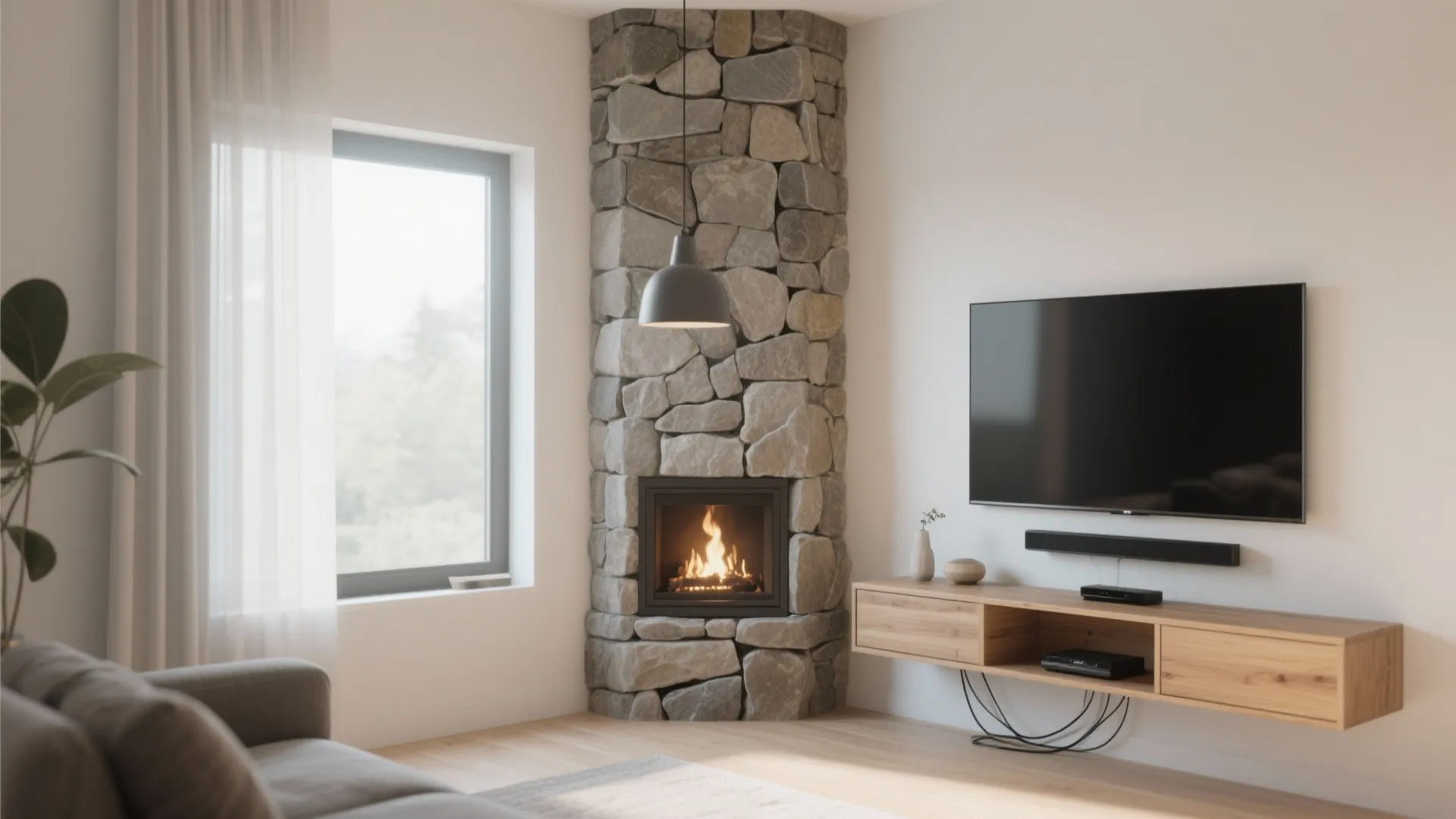 1. Floating Media Unit Beside the Fireplace