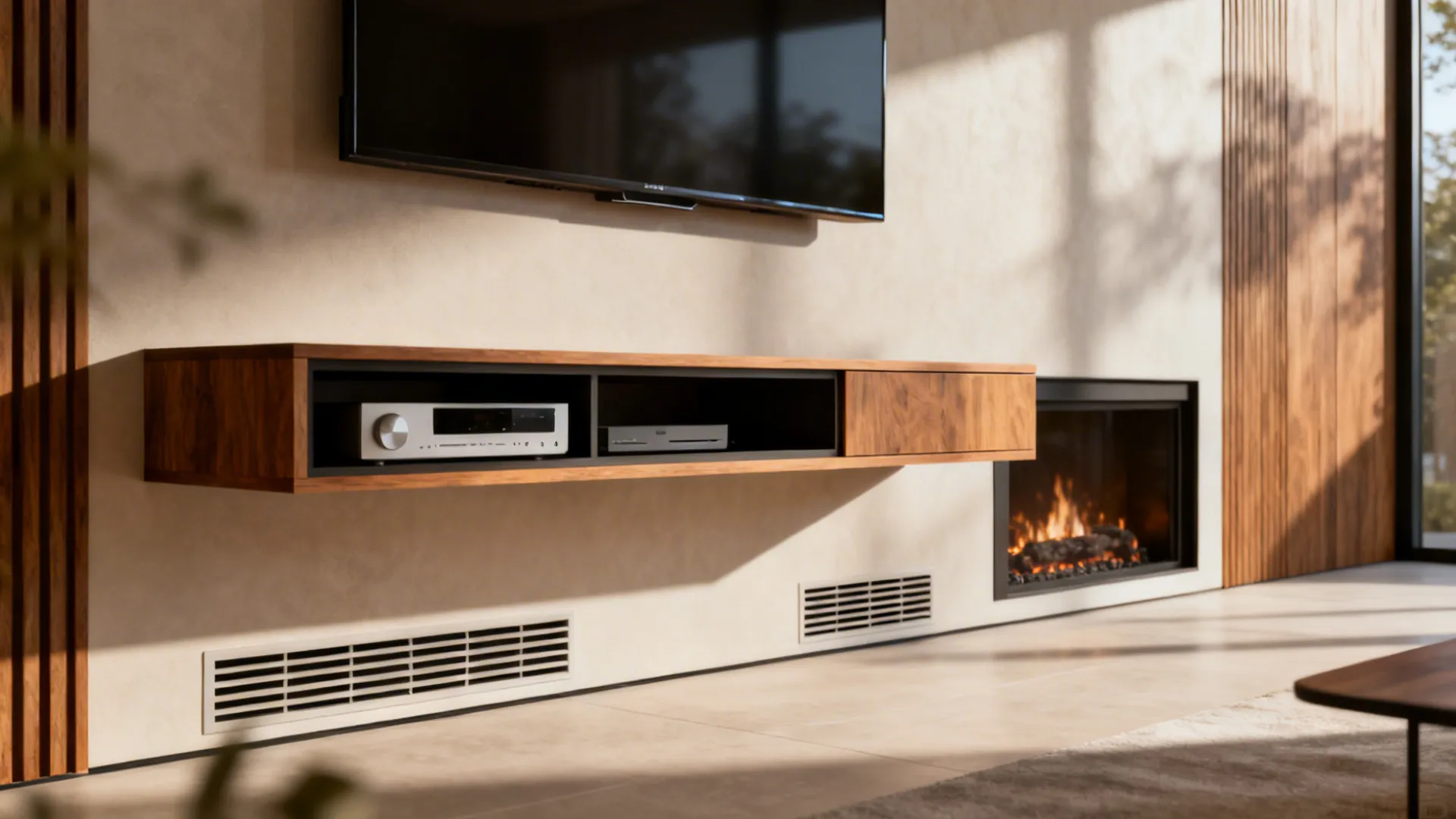 Floating media console with TV mounted and fireplace inset below, keeping clean sightlines.