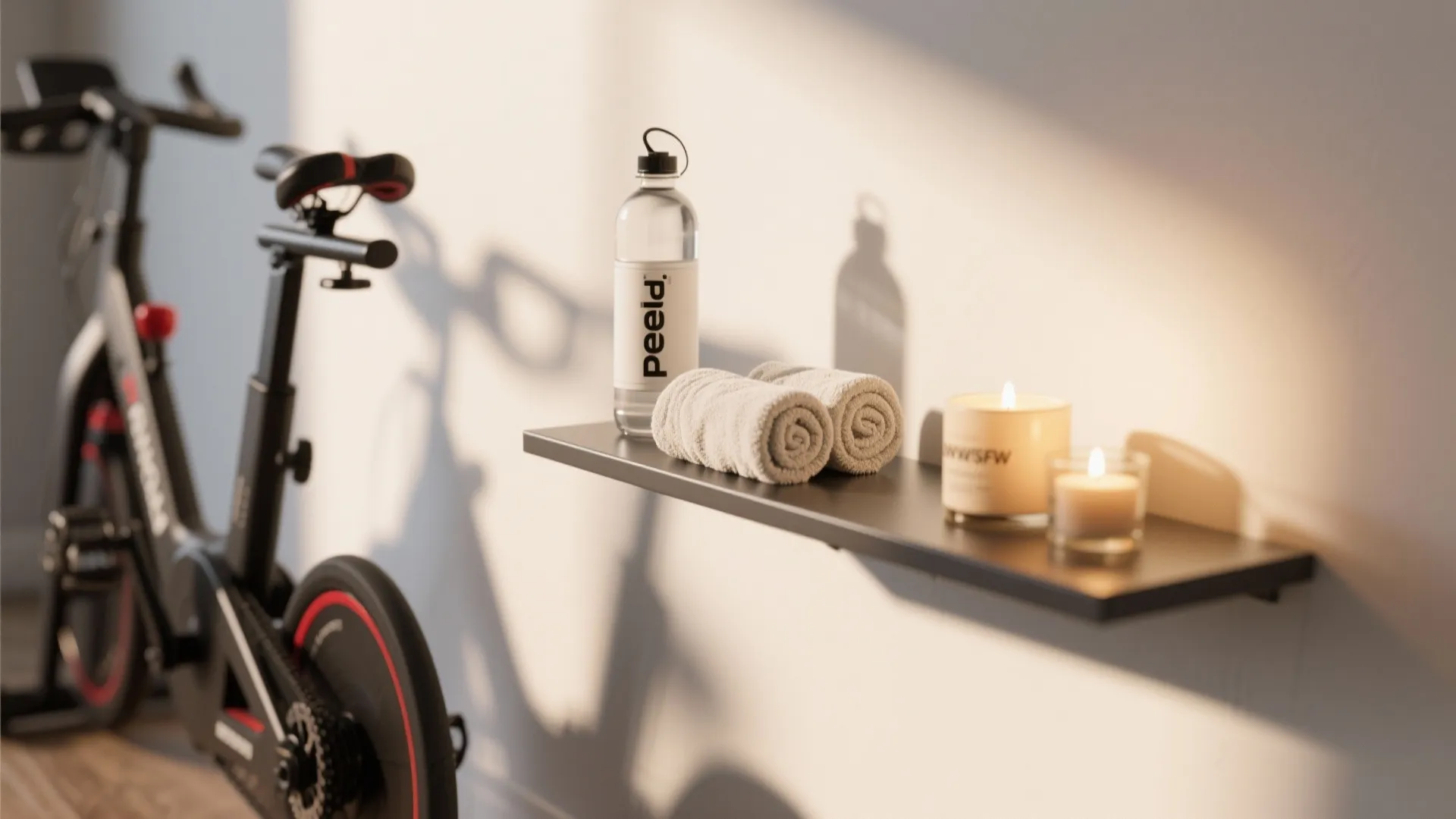 Floating shelf holding workout essentials beside Peloton bike