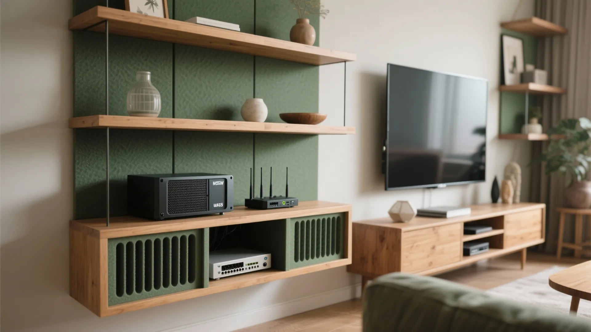 Ventilated floating media shelf integrating a NAS with router, noise-damping foam and balanced airflow.