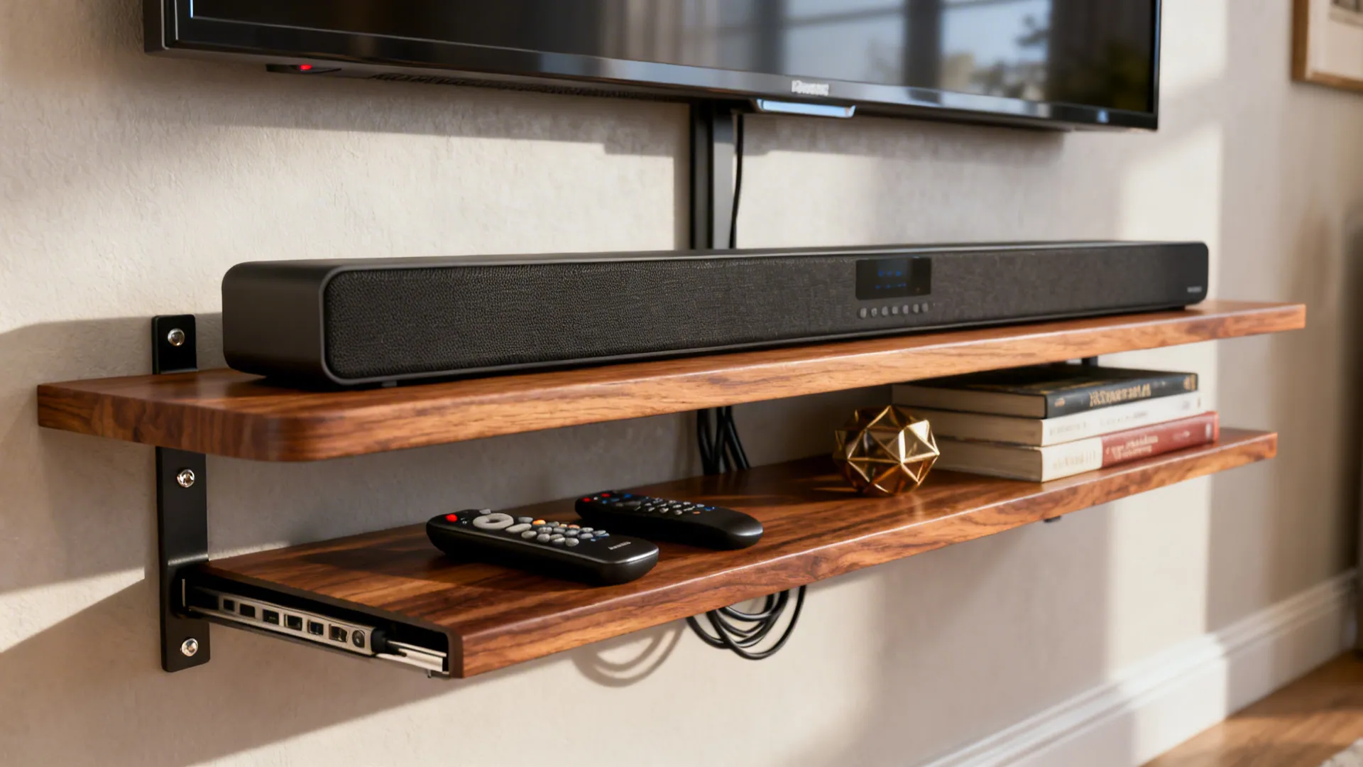 Slim floating media shelf under wall-mounted TV with soundbar and books