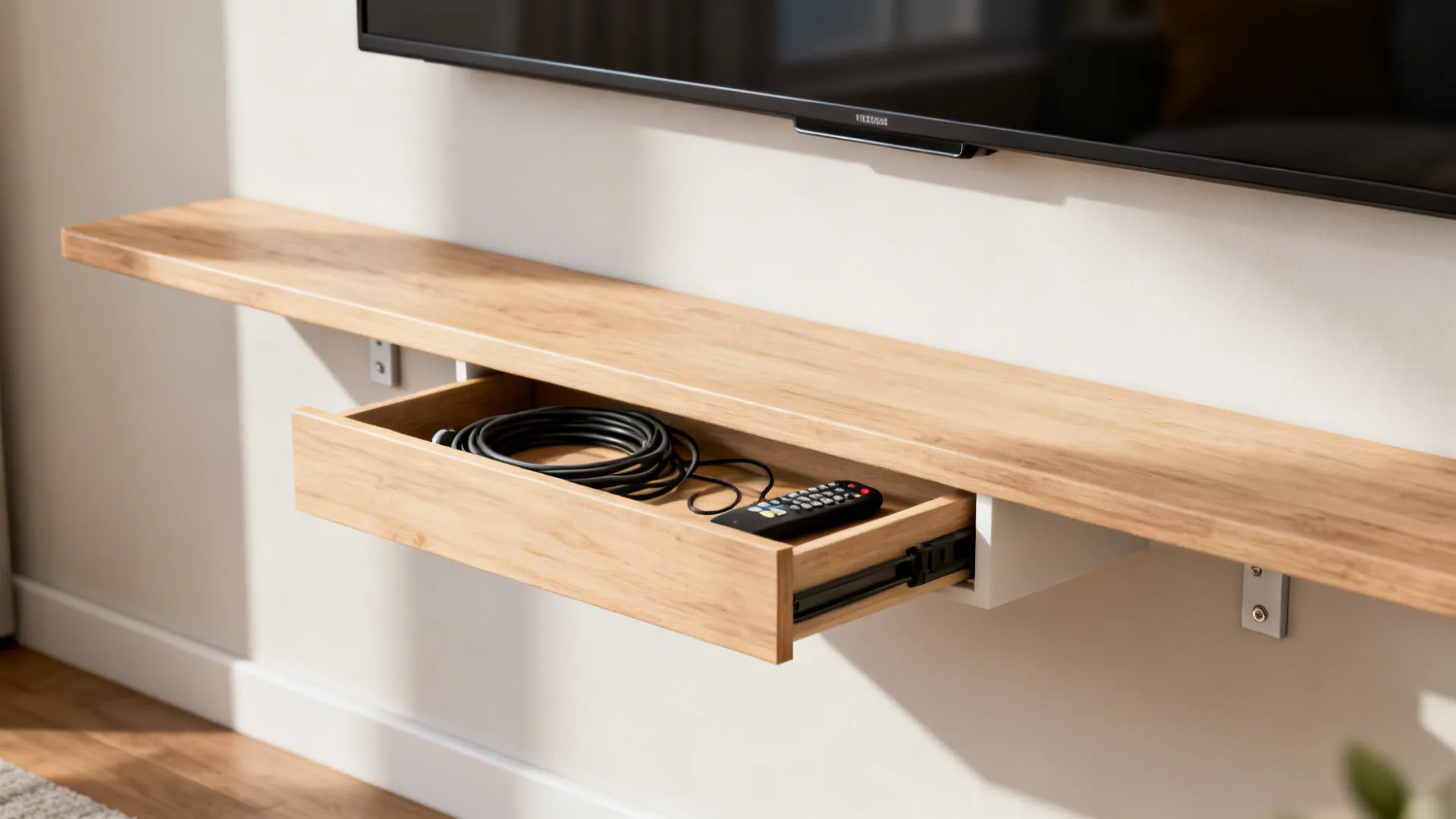 Floating media shelf with hidden drawer under a wall-mounted TV showing tidy cables and a remote.