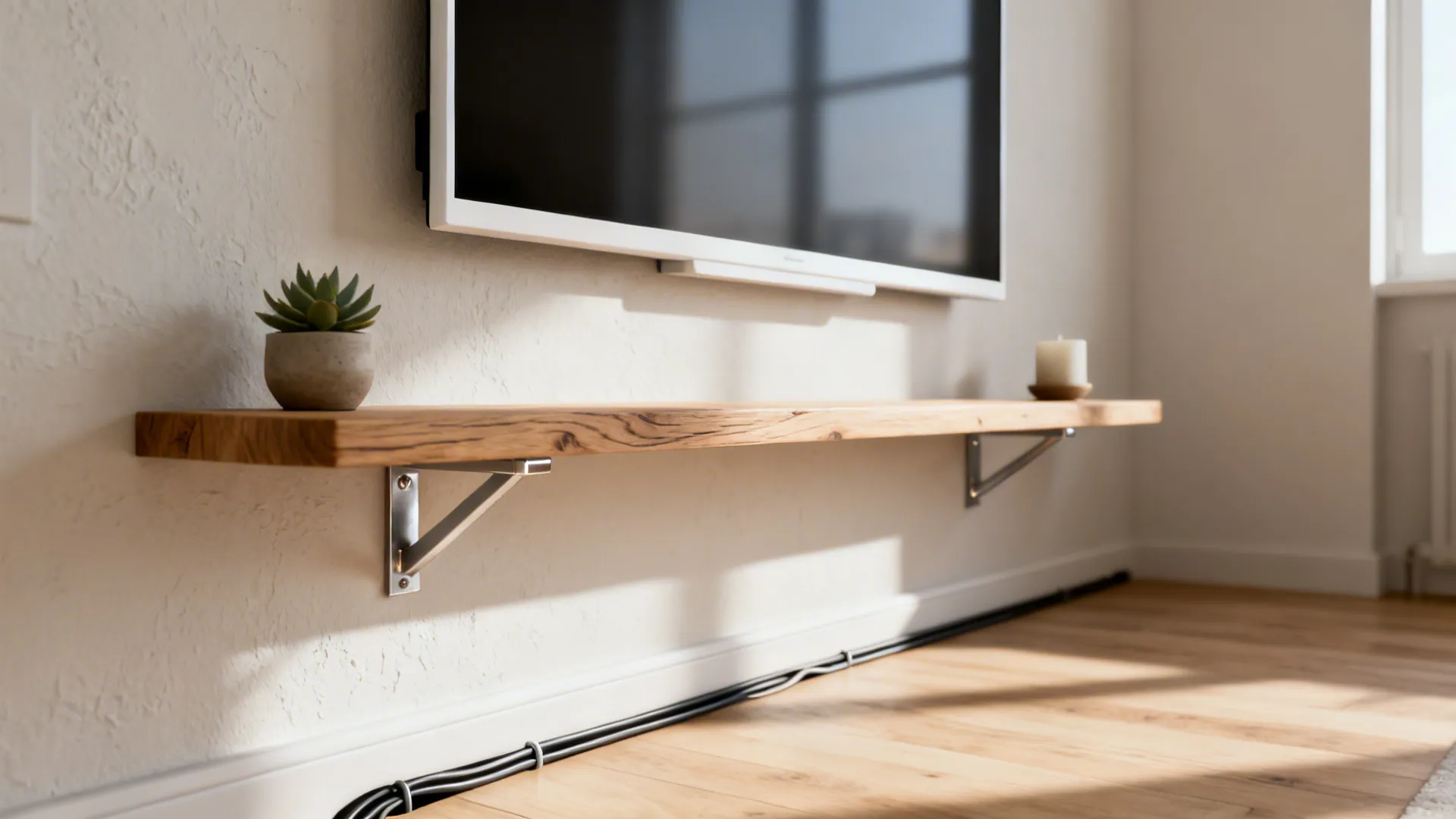 Shallow floating media shelf under a wall-mounted TV with hidden cables in a small studio.