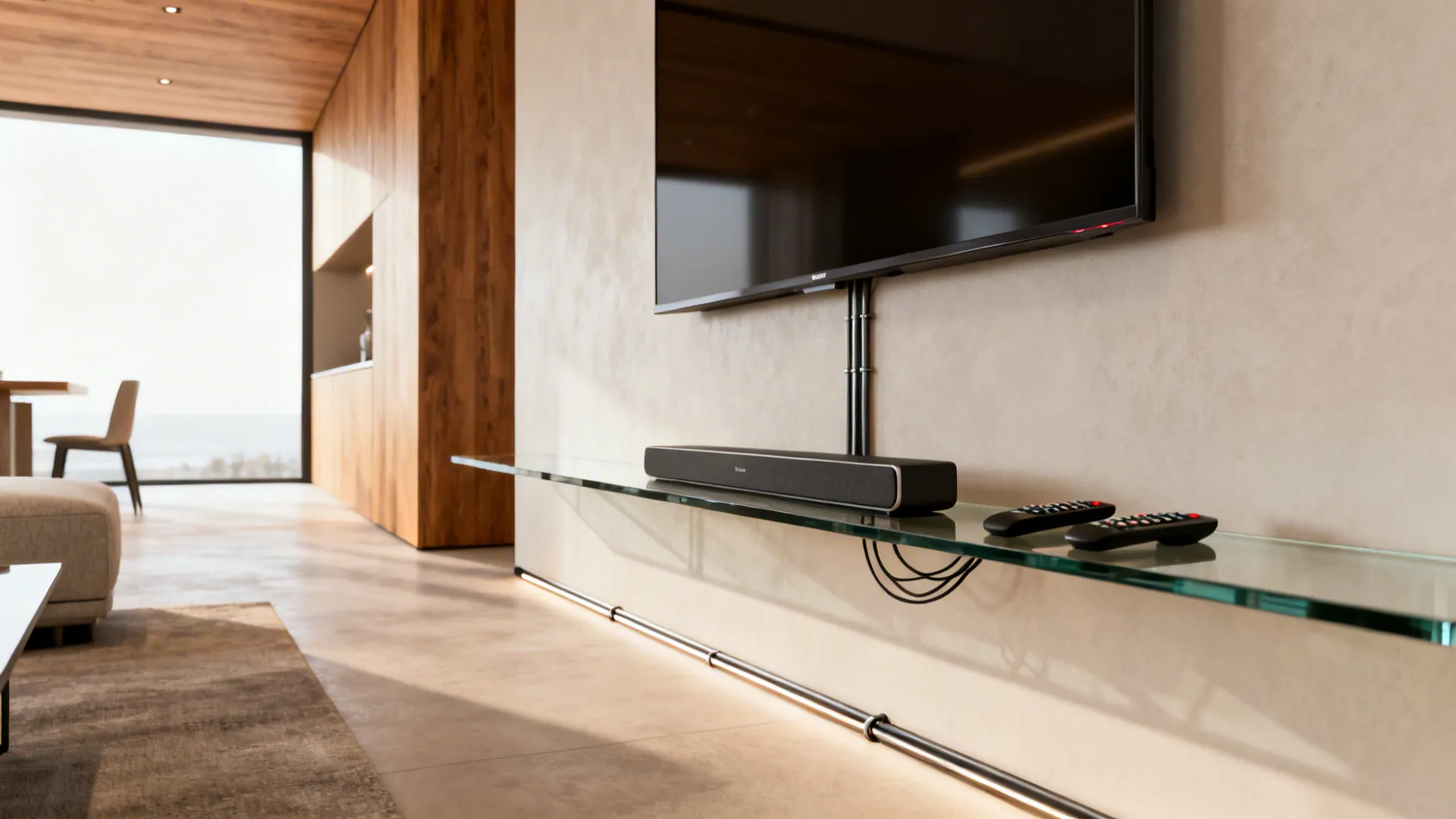 Floating glass shelf under a wall-mounted TV holding a soundbar and remotes with concealed cables