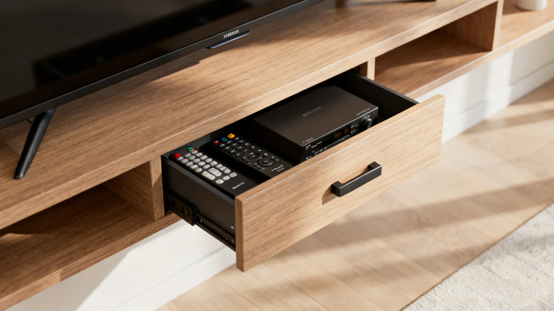 Close-up of a floating media shelf with a push-to-open drawer for remotes and consoles.