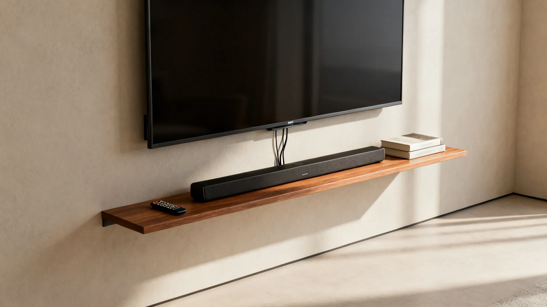 Floating wooden shelf holding black soundbar and books under wall mounted television in a modern room