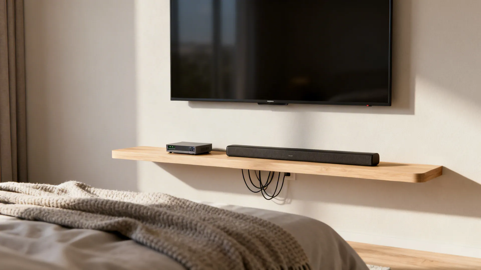 Slim floating media shelf under a wall-mounted TV in a minimalist bedroom